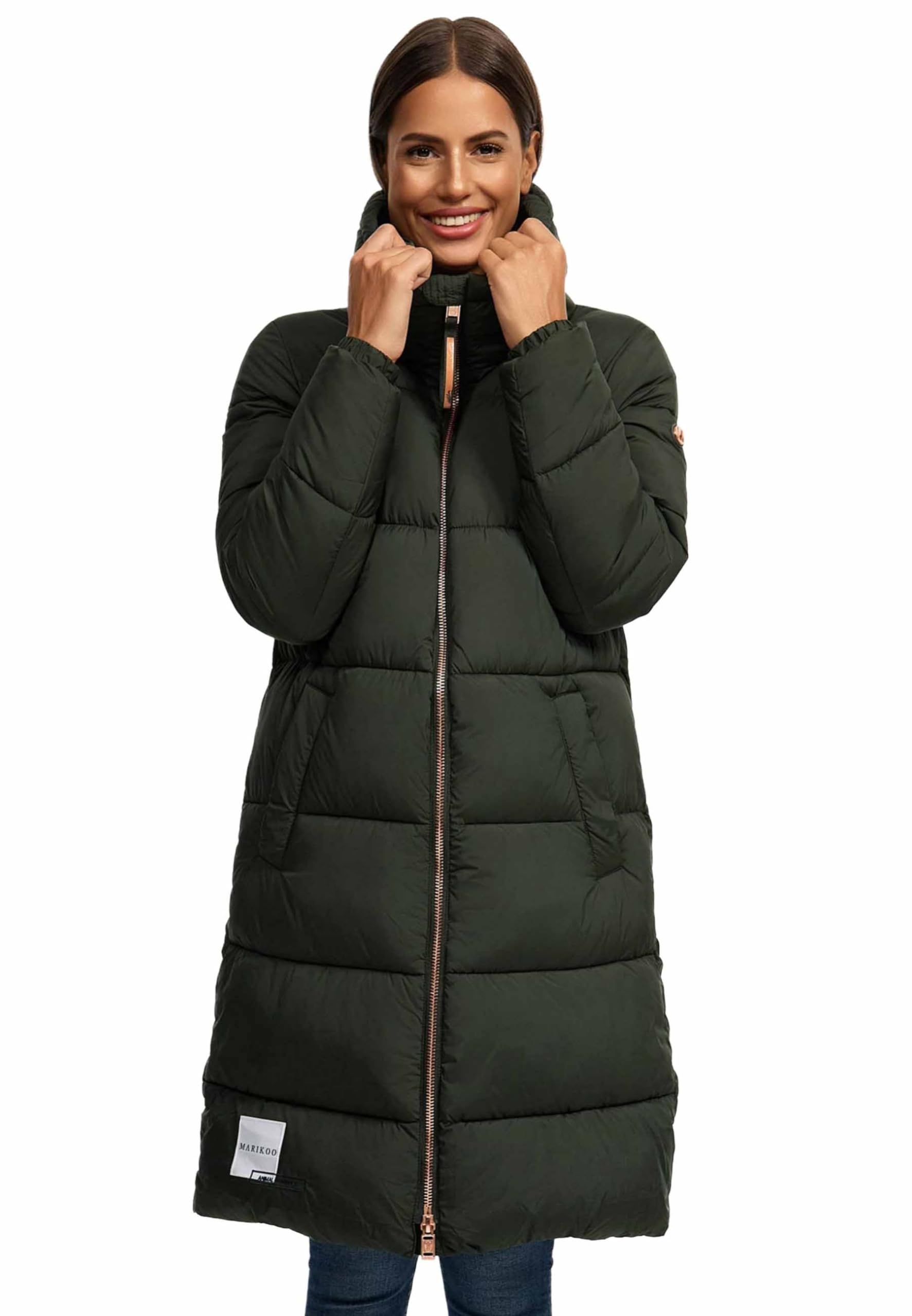 MARIKOO Winterjas voor dames (S-3XL) - gewatteerde jas, lang gesneden, gevoerde capuchon met trekkoord, warme jas voor vrouwen - N024, zwart, L