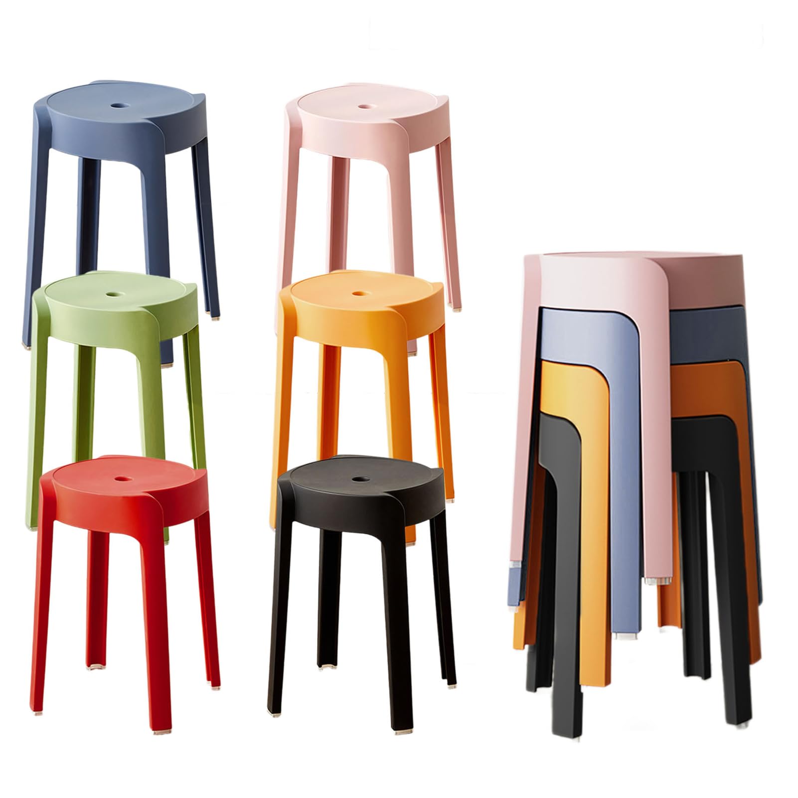 6 sgabelli impilabili in plastica, sgabelli da bar rotondi portatili con schienale scoperto, capacità di carico 150 kg, sedie leggere e colorate per casa, aula all'aperto, cucina e caffè