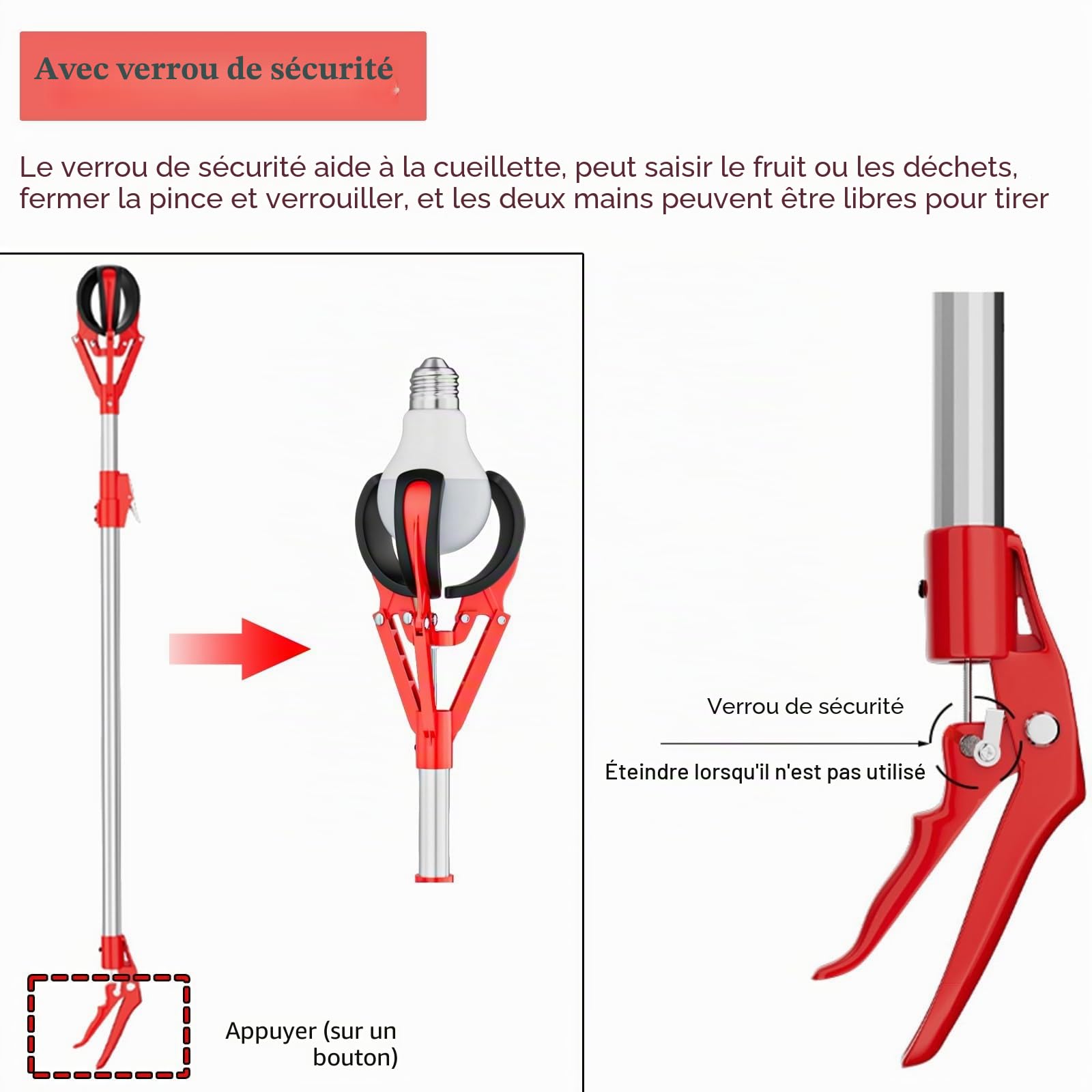 AMUFJJ cueille Fruit telescopique Pomme Pince À Fruits Télescopique en Aluminium, pour Mangues, Avocats, Oranges, Pêches Et Figues, avec Ouverture De 15 Cm.(3.3ft (1m) - 4.9ft (1.5m))