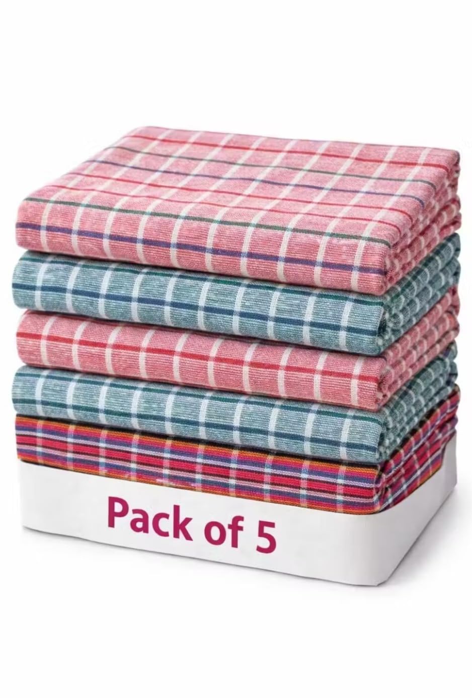 Cotton Towel for Men Pack of 5 | Soft Checked Cotton Towel Set | Reusable Absorbent for Daily Use, Office, Travel, Home & Personal Hygiene-image-0
