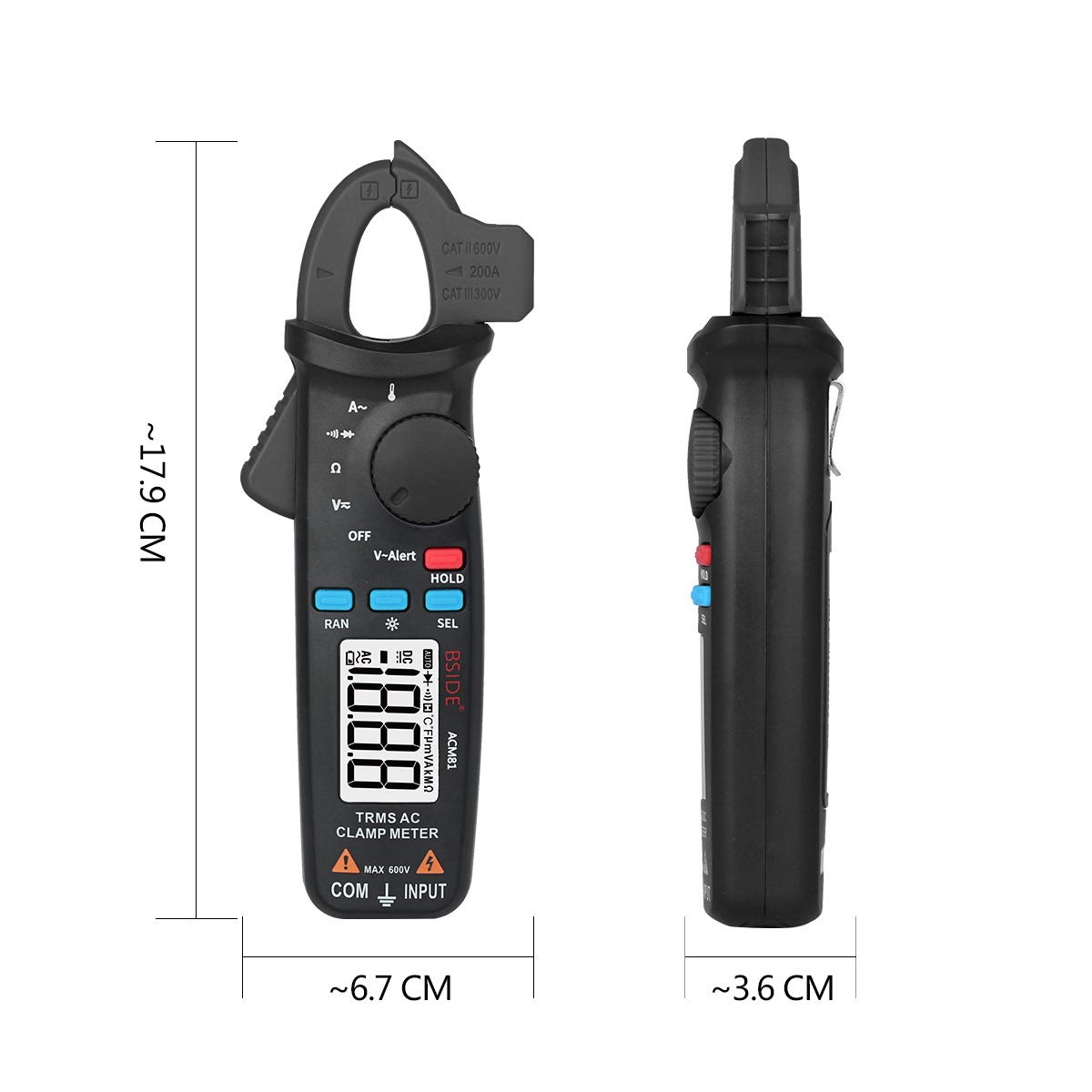Diagram showing the dimensions of the clamp meter: approximately 17.9 cm length, 6.7 cm width, and 3.6 cm thickness