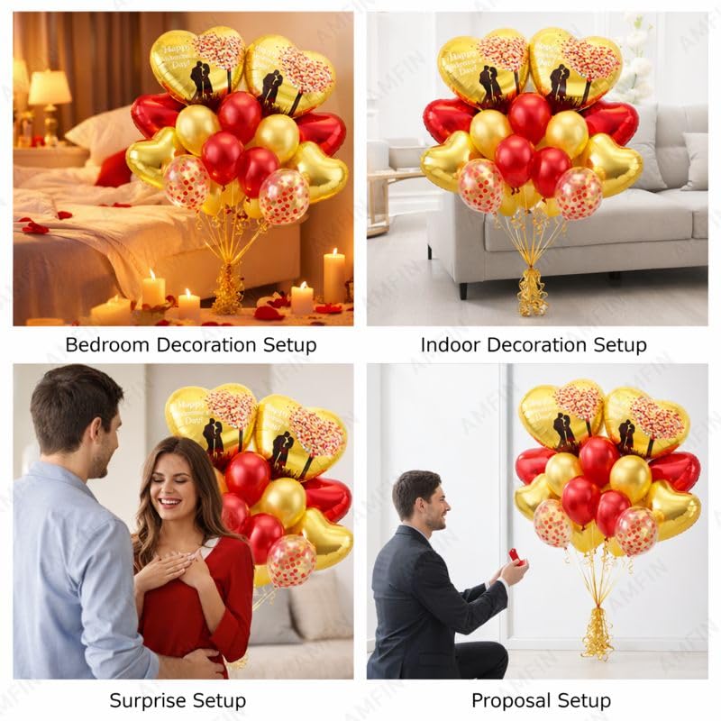 Image of AMFIN (Pack of 14) Happy Valentine's Day Balloon Decoration Set | Romantic Heart Foil Bouquet Metallic Helium Bunch Proposal Anniversary Celebration Party Decor - Golden