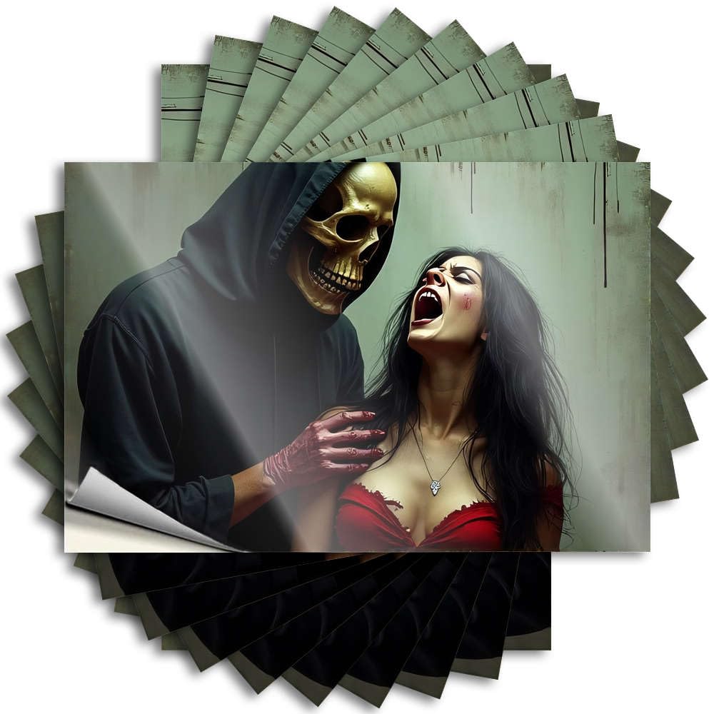 Basement Decor Comfort Decal - A Hooded Figure with A Golden Skull Mask Holds A Screaming Woman By Her Throat Bottle Waterproof Vinyl Sticker(8X12CM)