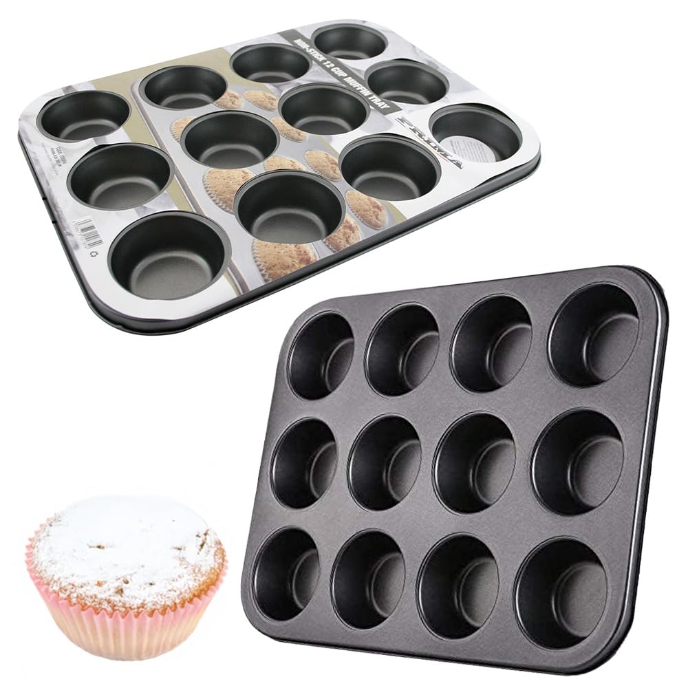 BARGAINS-GALORE 12 Muffin Baking Tray - Cake Non Stick, Kitchen, Tin Pan Oven Dish | Cupcake Cakes, Baking Mould, for Muffins Or Cupcakes, Bakeware | Kitchenware
