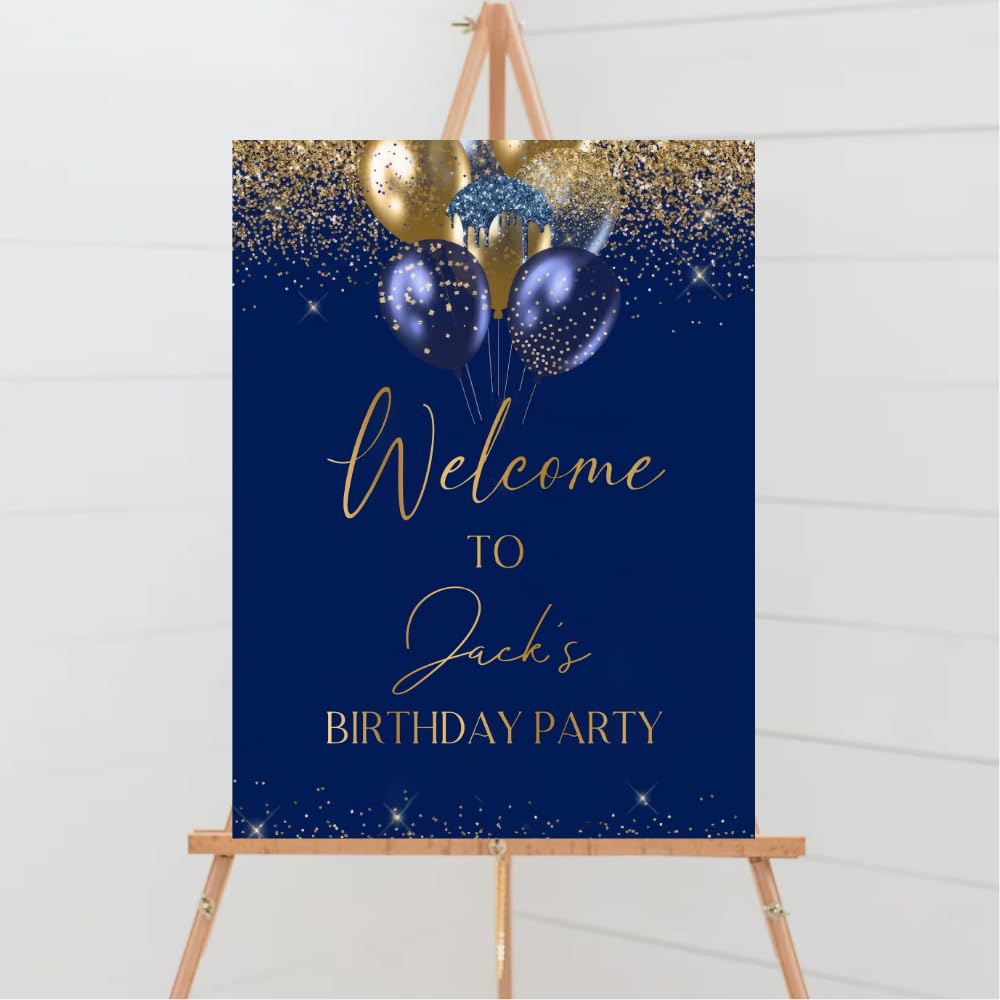 Customized Birthday Party Welcome Sign, Birthday Welcome Signs, Blue And Gold Balloons Birthday Welcome Poster, Glitter Confetti Birthday Decoration, Birthday Welcome Sign.