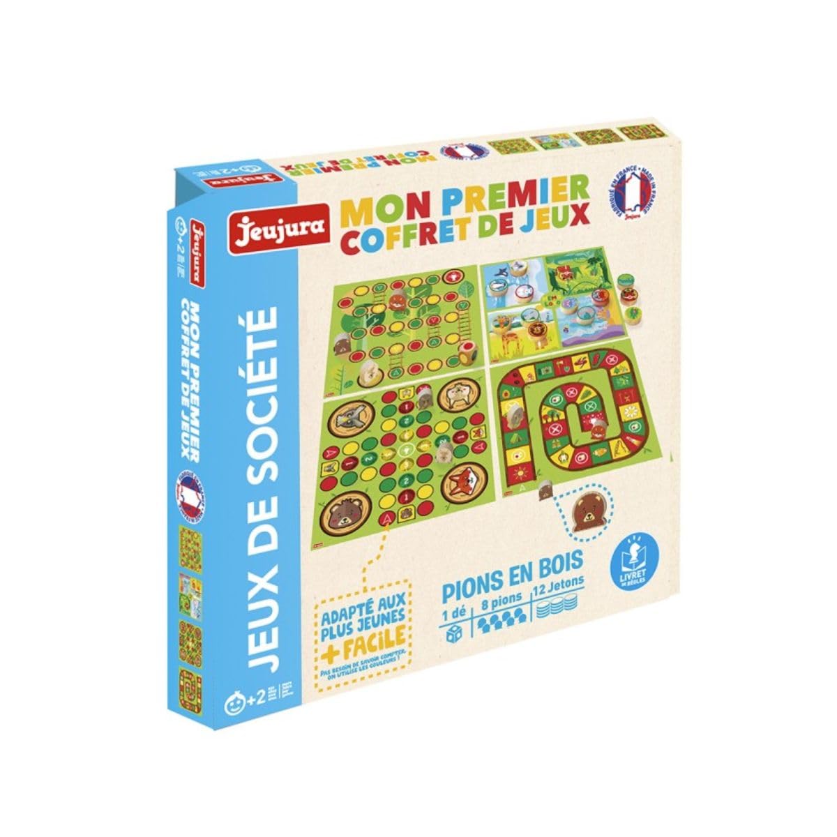 Jeujura - Mon Premier Coffret de Jeux - Jeu de Société dès 2 Ans - 8110 | Jeux traditionels adaptés aux enfants - Jeux des petits chevaux, de l'oie, des échelles, mémo-loto Coffret en bois