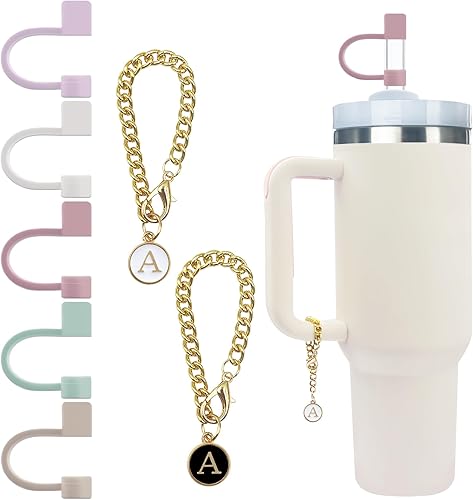 5 tapas de silicona para popote y 2 accesorios de dijes de letras, cadenas con letra inicial para vaso Stanley 20, 30, 40 onzas con asa
