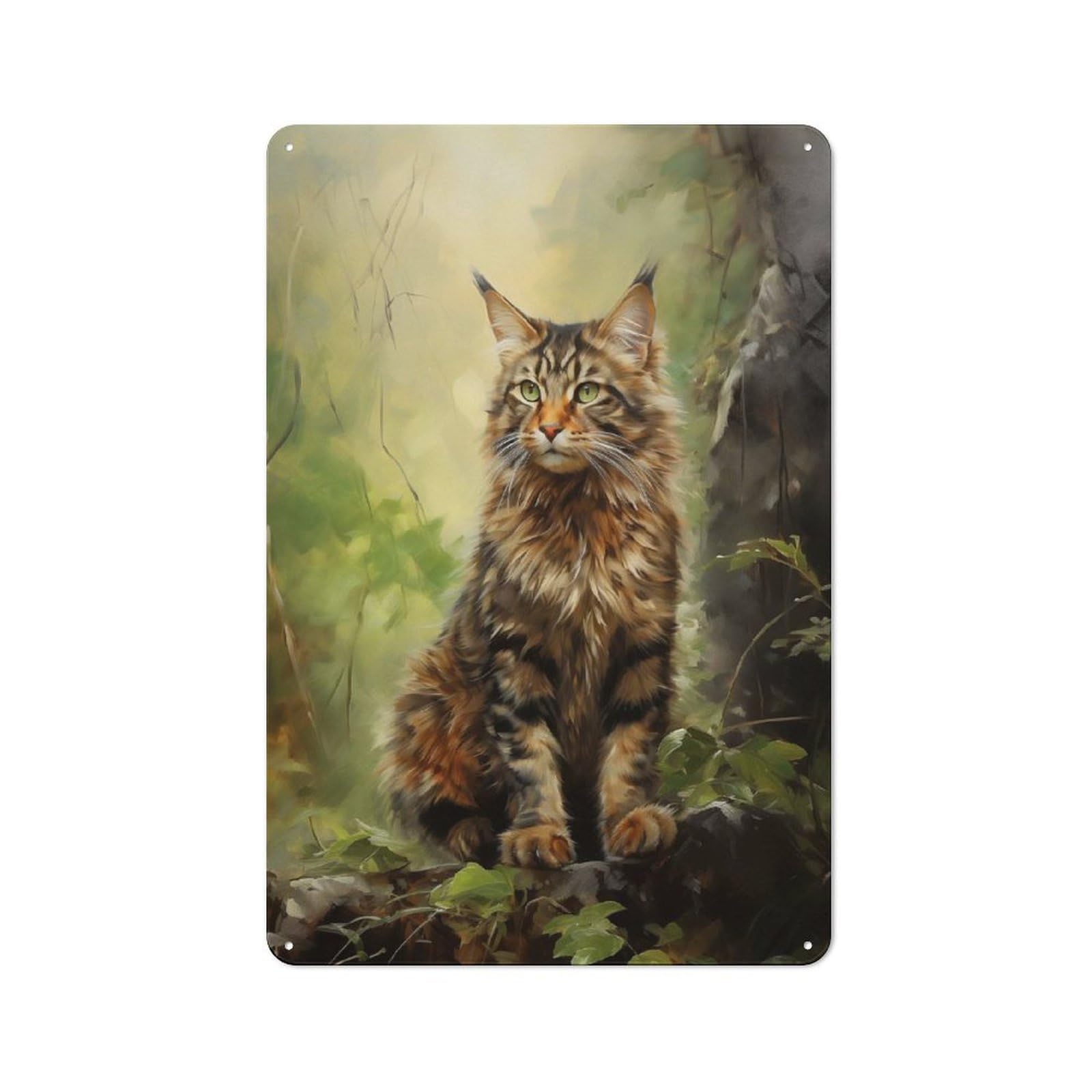 Junmoney Style-9 Maine Coon Cat In Forest Industrial Metal Sign 30X20cm, Modern Retro Loft Wall Plaque For Modern Home, Workshop, Office Or Cafe
