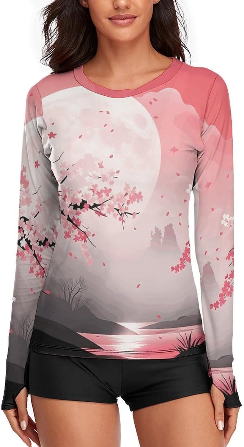 Cherry Blossoms Rash Guard for Women UPF 50+ UV Sun Protection | Long Sleeve Workout Top Quick Dry Athletic Hiking Shirt Moisture Wicking Swim Shirt for Running, Cycling, Swimming
