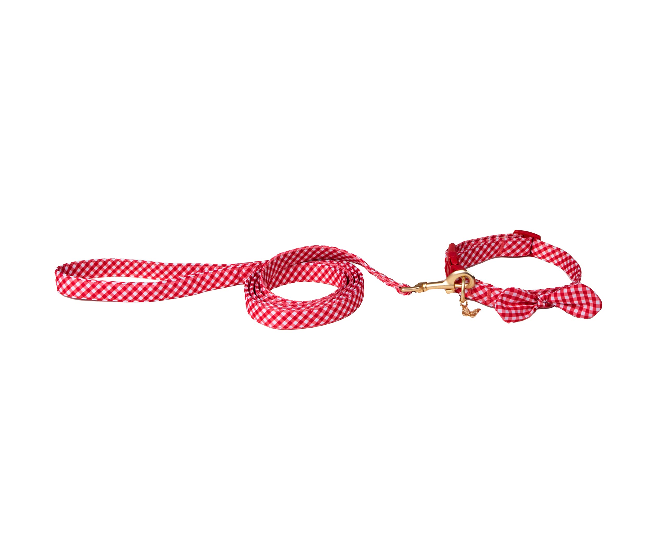 Doggy Parton Halsband & Leinen-Set – Vichy-Muster Rot, Größe XL, Verstellbar, Mit Schmetterlings-Anhänger