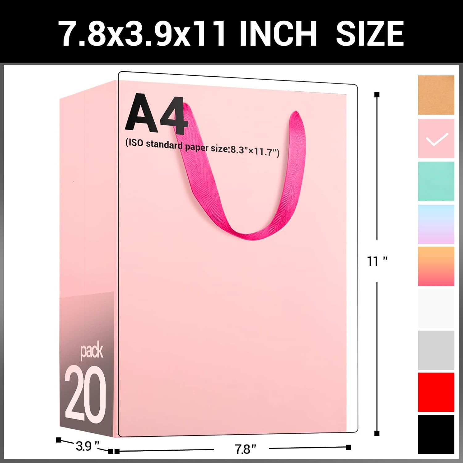 EUSOAR Shopping Bags for Gifts, 7.8x3.9x11 Inches 20pcs Handled Paper Bags, Pink Thick Sturdy Kraft Bag for Merchandise Wrapping, Boutique Business Conference Celebrations
