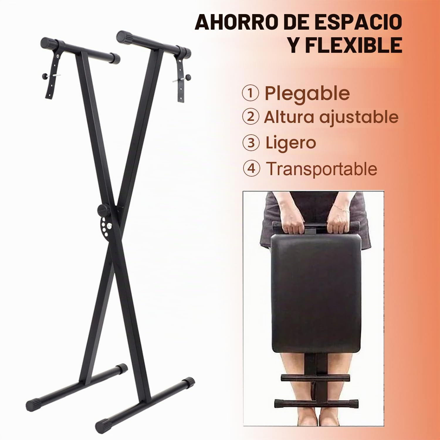 Taburete de Piano y Soporte para Teclado, soporte teclado piano， Juego de Taburete para Piano Plegable, X Ajustable en 7 Alturas，Teclado Acolchado Ajustable en 4 Alturas