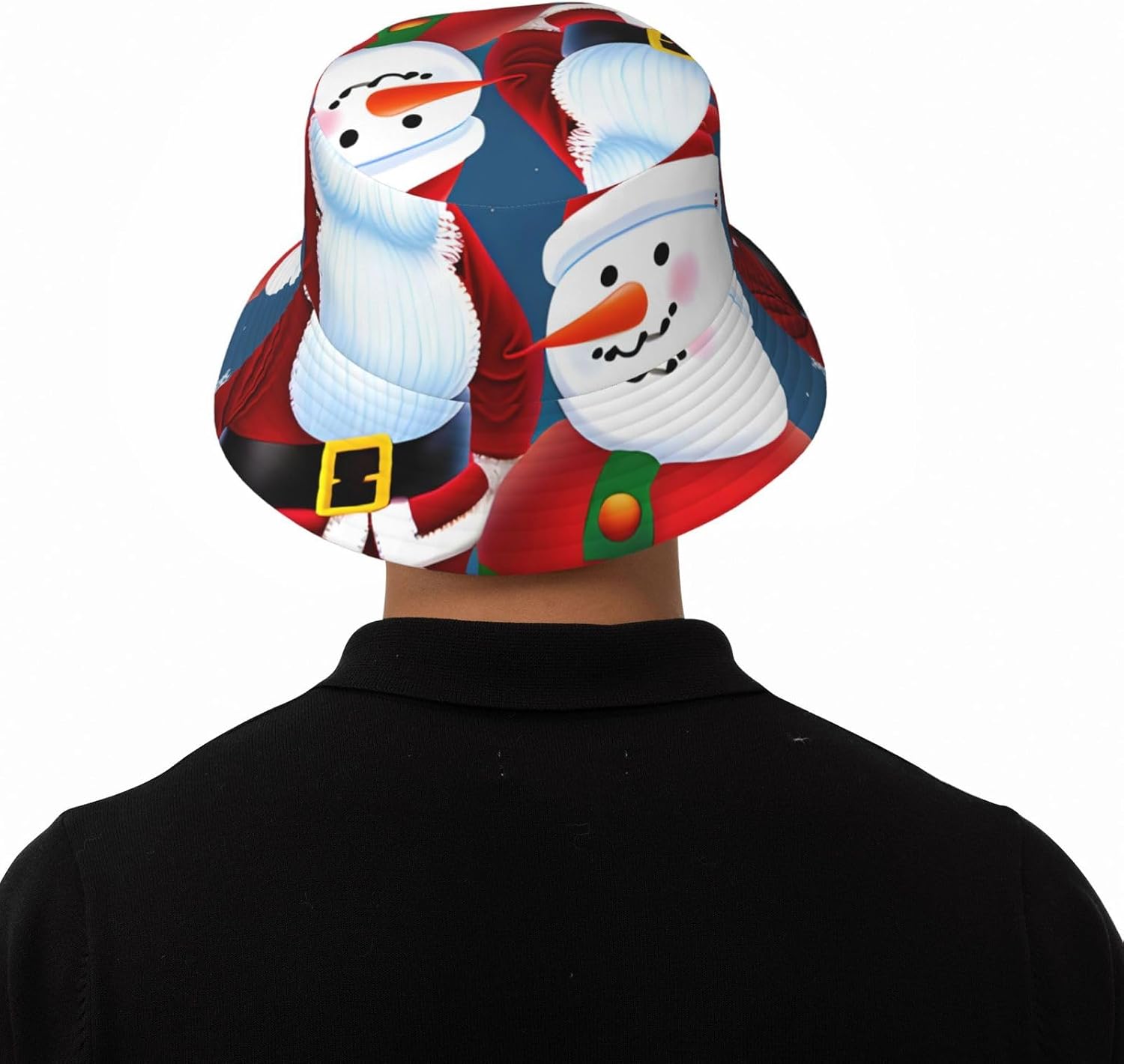 Santa Claus and Snowman Print Sun Hat Outdoor Fisherman Cap Summer Bucket Hat Beach for Men Women Black