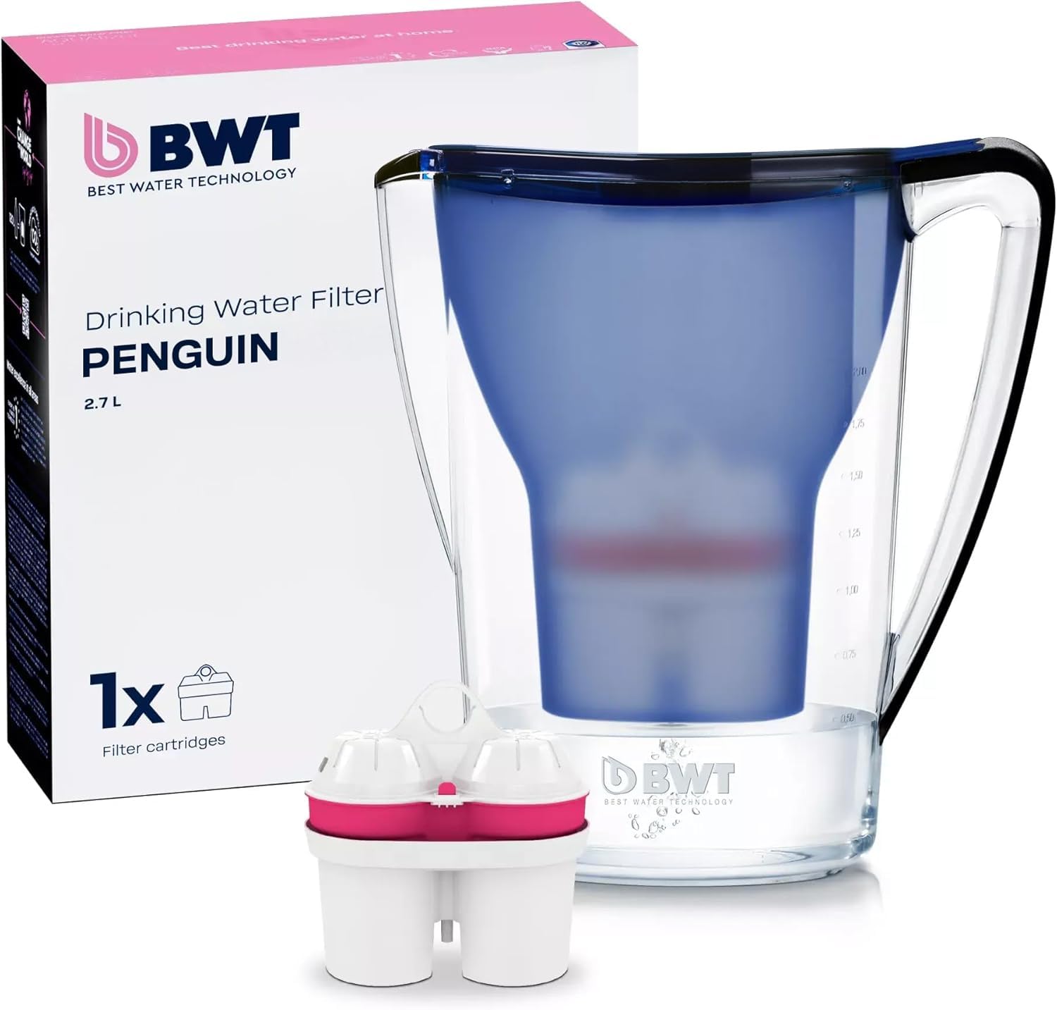Carafe filtrante BWT PENGUIN 2,6 l avec cartouche Magnesium – filtre à eau robinet | réduit calcaire, chlore, métaux lourds | eau enrichie en magnésium, idéale thé, café, cuisine | charbon actif