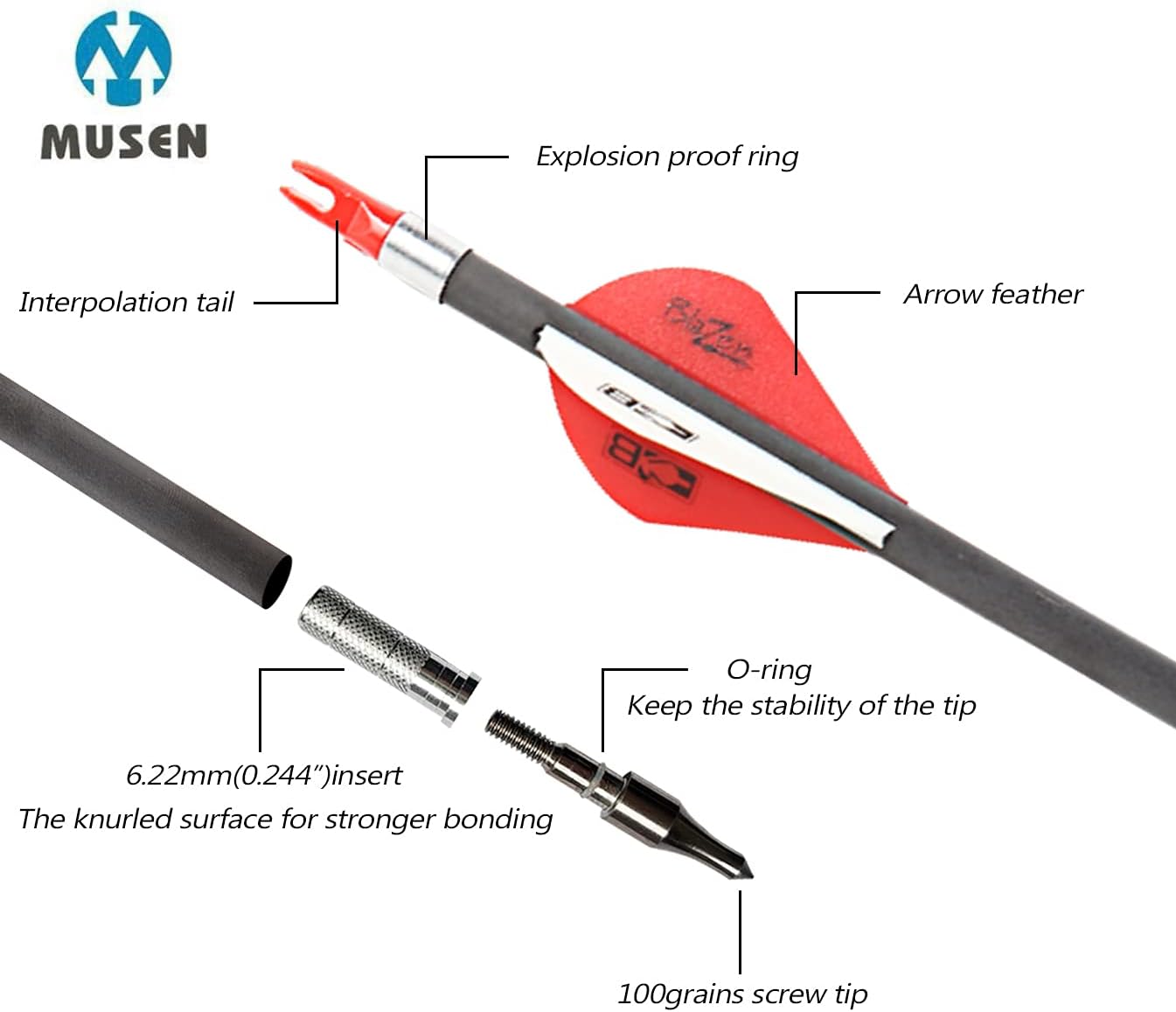Musen Pure Carbon Arrows 30 inch Hunting Arrows for Recurve Bow,100% Carbon Archery Target Arrows with Removable Tips for Youth Hunters & Bowhunters (Pack of 12)