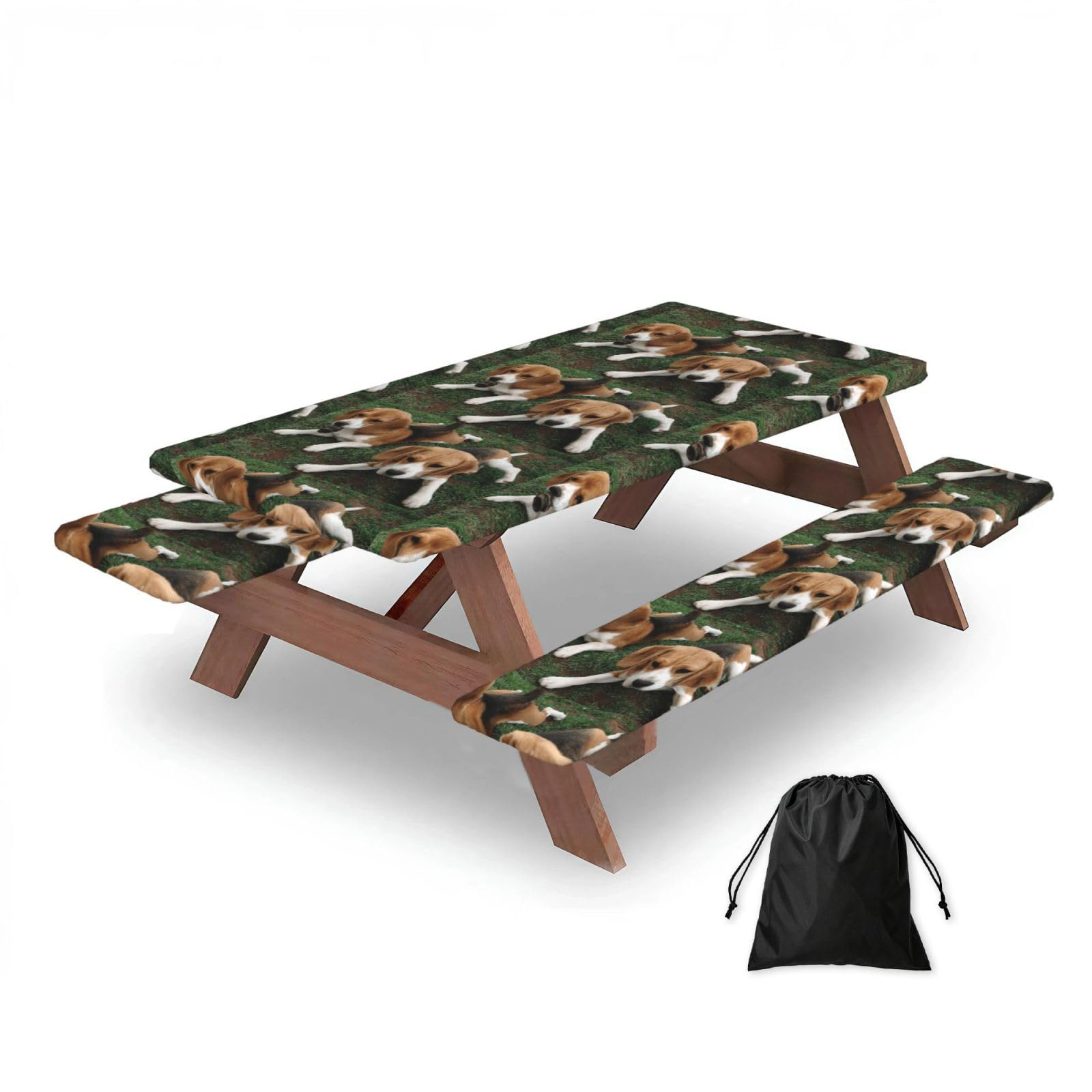 Dopklna As Picture Beagle Puppies, Picnic Table Cover With Bench Covers -Waterproof Elastic Fitted Tablecloth For Garden Camping Patio 76X152cm