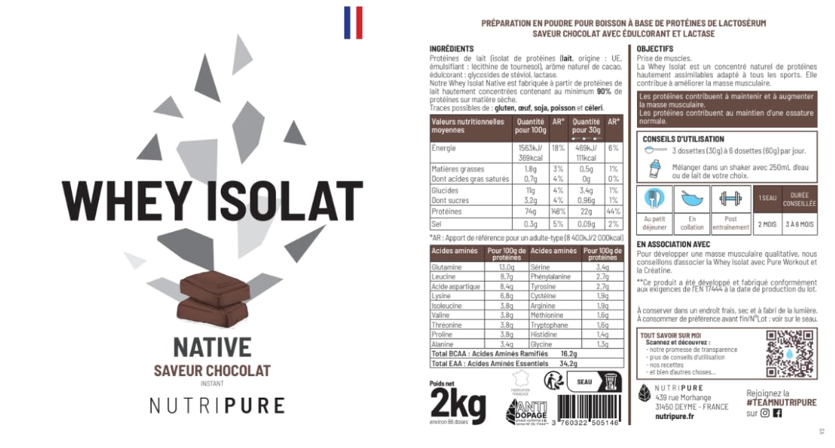 Nutripure - Whey Isolate Native - 23g de Protéines - Goût Chocolat - 2 kg | Développement Musculaire, Prise de Masse & Sèche - 19% BCAA, 39% EAA - Filtration à Froid - 66 Portions - Made in France