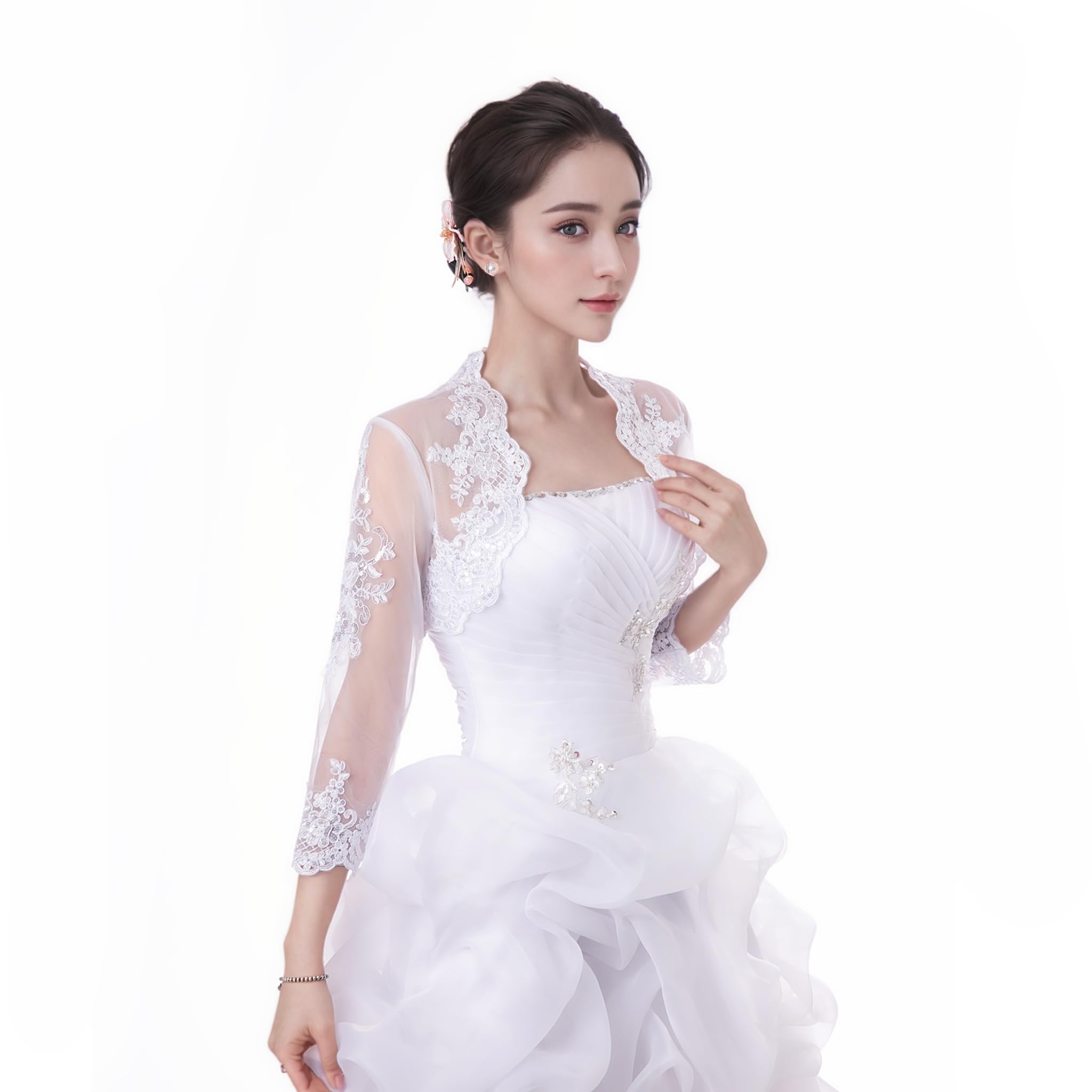 Damen Hochzeit Top Spitzenjacke für Braut Spitze Bolero Jacke Langarm