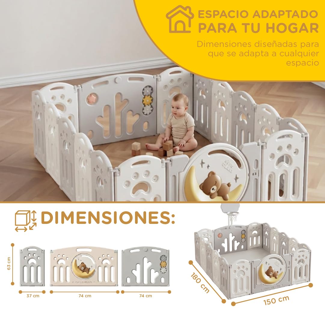 Parque Infantil 180x150cm Corralito para Juegos de Bebe Plegable con Puerta LED y Canasta con 20 Bolas y Paneles de Seguridad HDPE Sin BPA Parque Bebé Interior y Exterior Oso Luna Desarrollo Gateo