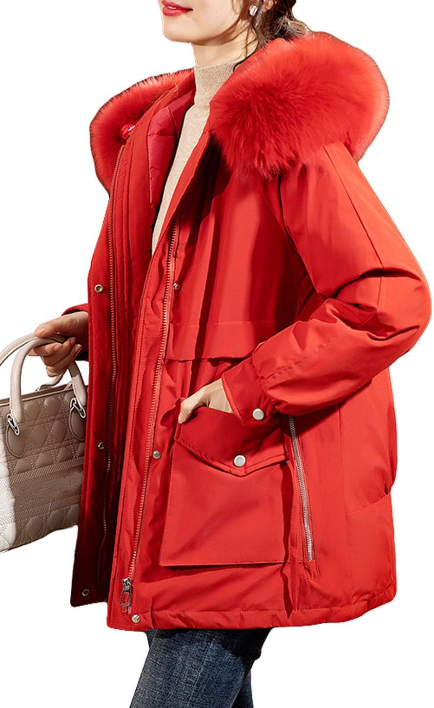 GGUHHU Womens Faux Fur Hooded Quilted Parka Jacket Full Zipper Warm Anorak Coat