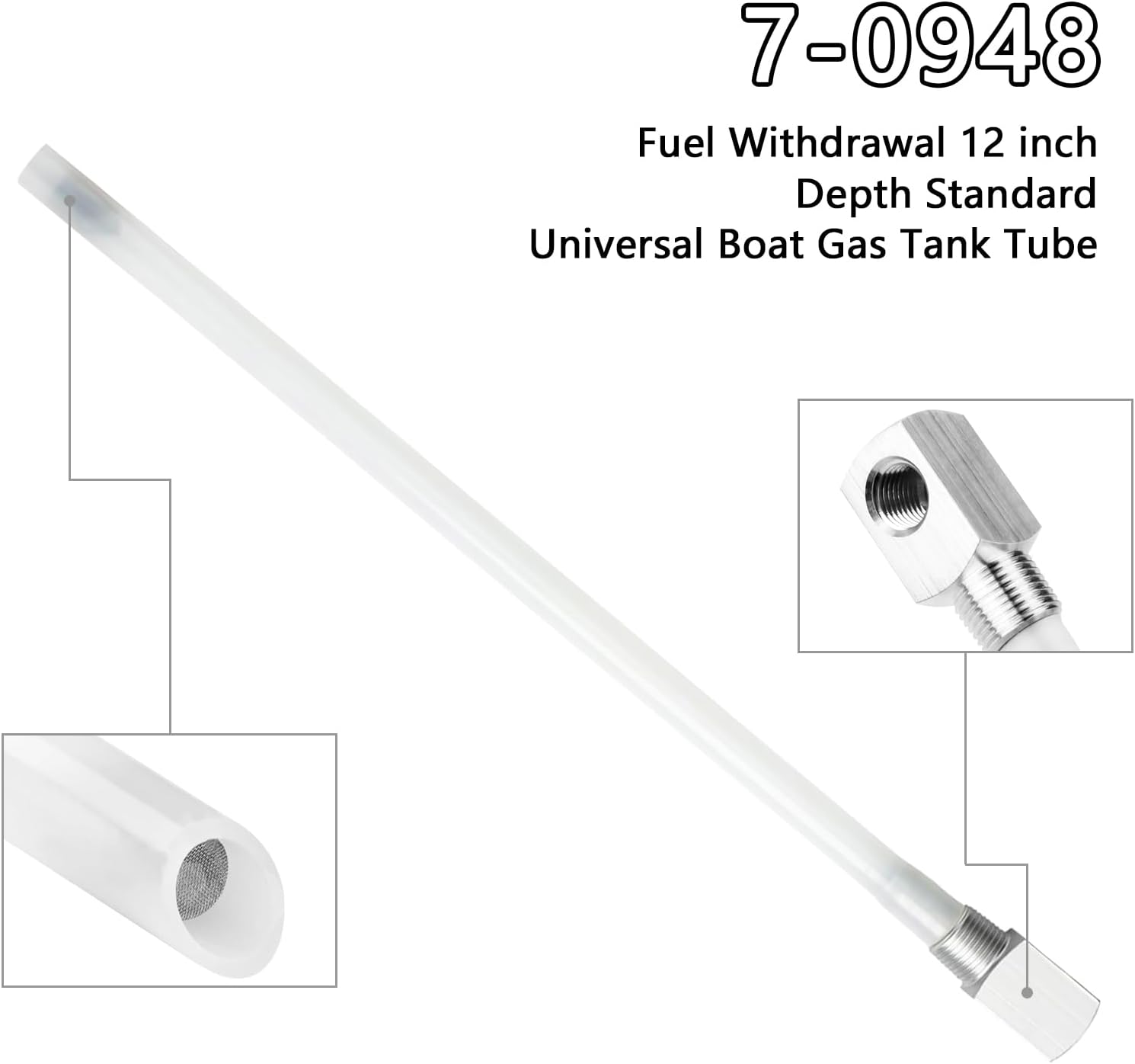 Universal 12" Marine Fuel Tank Pickup Tube with Strainer, Polyethylene Fuel Pickup Tube with Brass Barb Connector, Fits Standard Universal Boat Fuel Tank, Replaces Part 7-0948