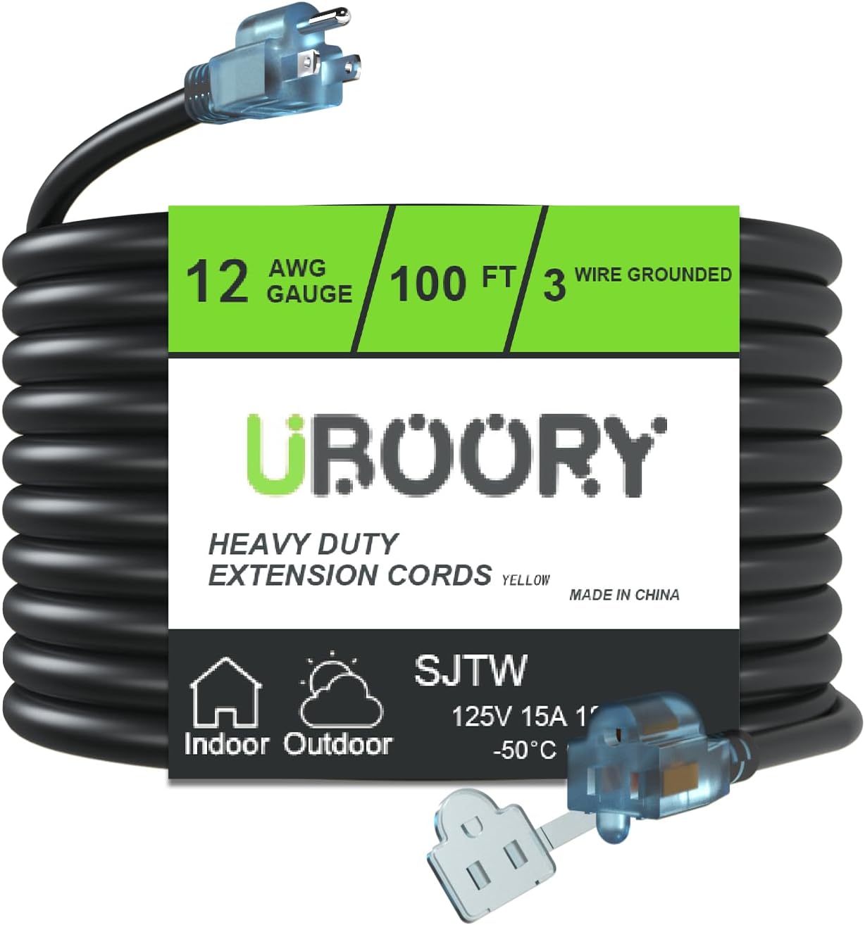 Outdoor Extension Cord Waterproof 100 FT, Carbon Black12/3 SJTW Heavy Duty, Flexible 100% Copper 3 Prong Extension Cord for Lawn, Garage