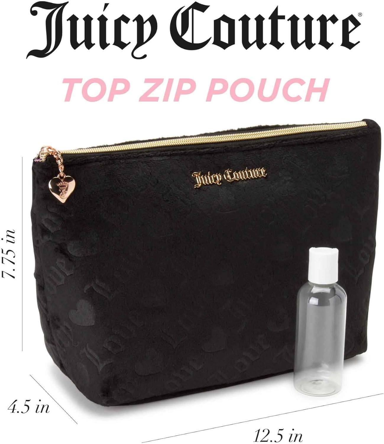 Juicy Couture Cosmetics Bag with dimensions labeled: 12.5 inches length, 7.75 inches height, 4.5 inches width.