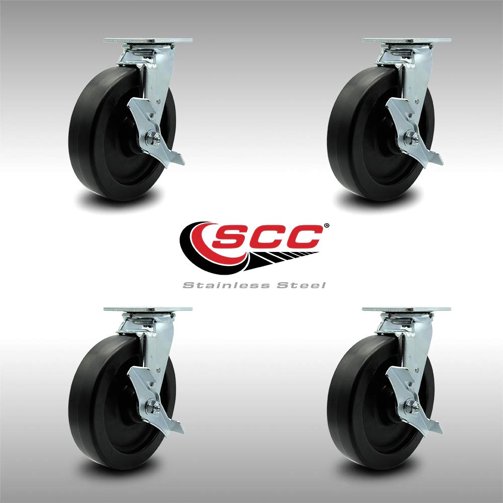 Stainless Steel Heavy Duty Swivel Caster Set of 4 with 8 Inch Polyolefin Wheels and Ball Bearings - Includes 4 Swivel with Top Lock Brakes - 3,600 lbs. Total Capacity - Service Caster Brand
