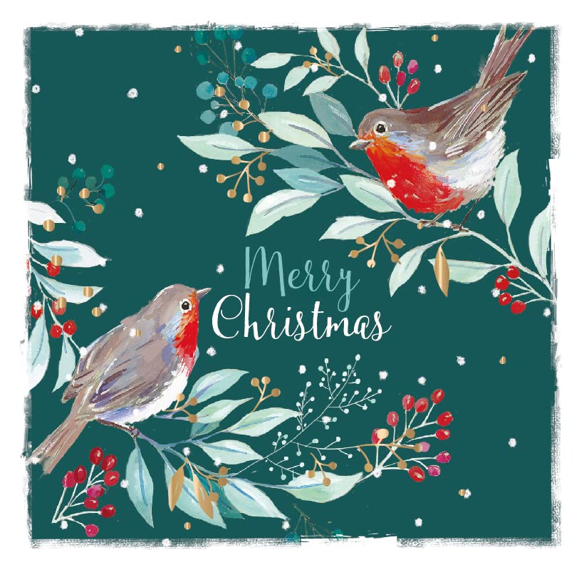 Robin Couple Winter Friends - Pack of 6 Festive Art Foiled Xmas Charity Christmas Cards by Ling Design, 135 x 135mm