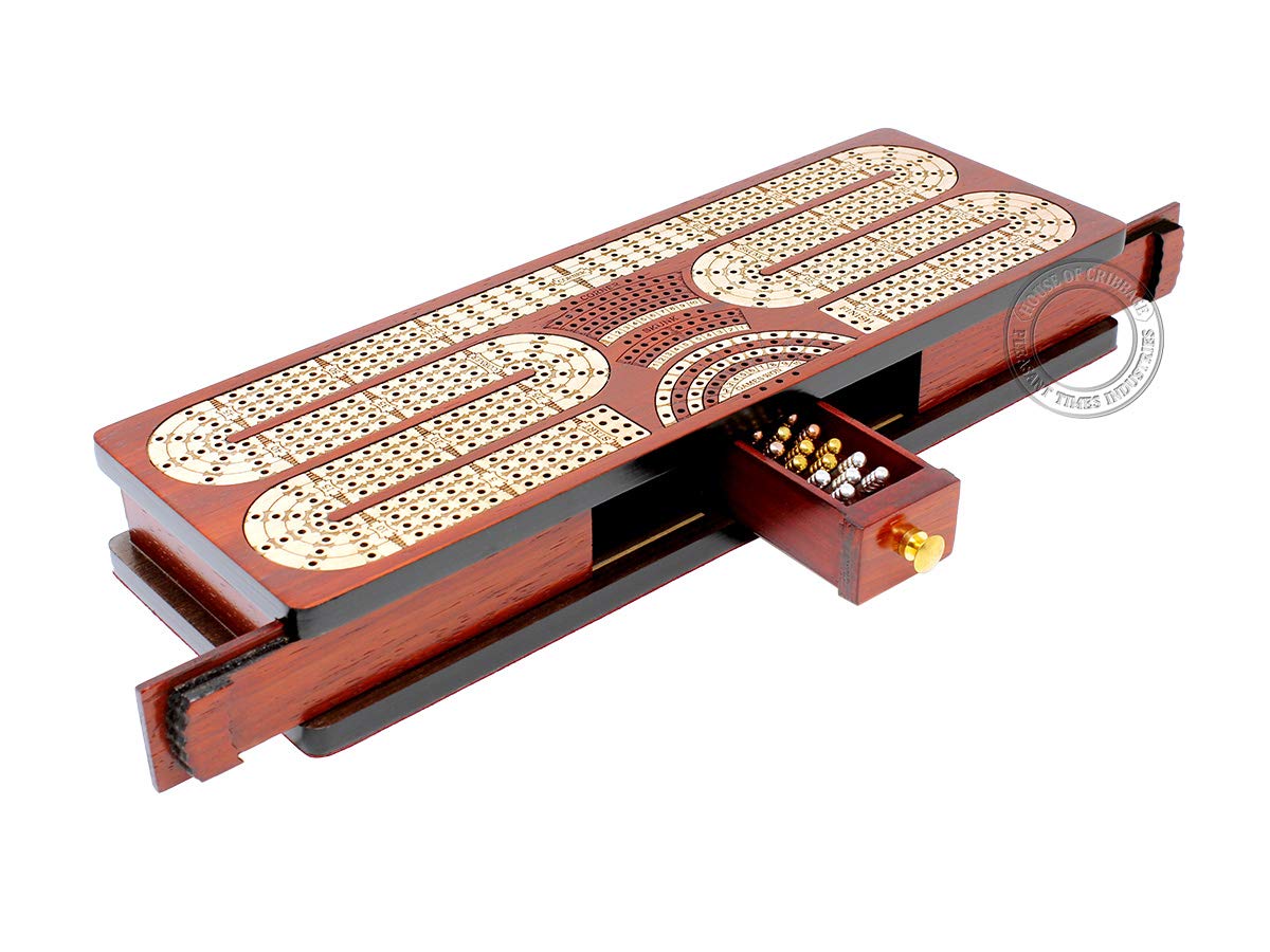 House of Cribbage - Continuous Cribbage Board / Box Inlaid in Blood Wood / Maple : 4 Track - Sliding Lids & Drawer with Score Marking Fields for Skunks, Corners and Won Games