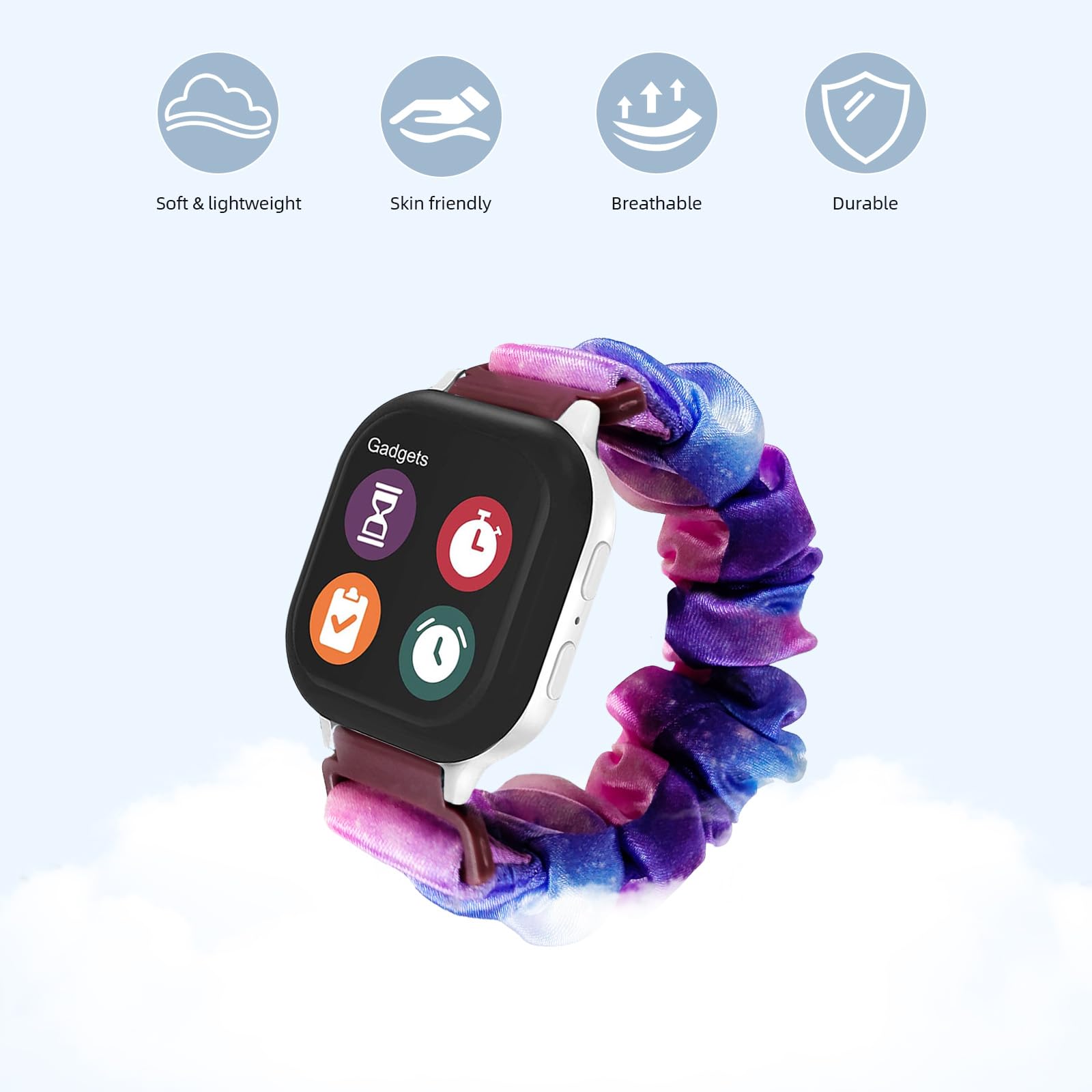 NewJourney 3 Pack Scrunchie Band Compatible with Gizmo Watch 3/2/1 & Gabb Watch 3/2/1 & SyncUP Kids Watch, Soft Cute Elastic Cloth Wristband for Girls (Purple Pink+Pink Blue+Oil Color)