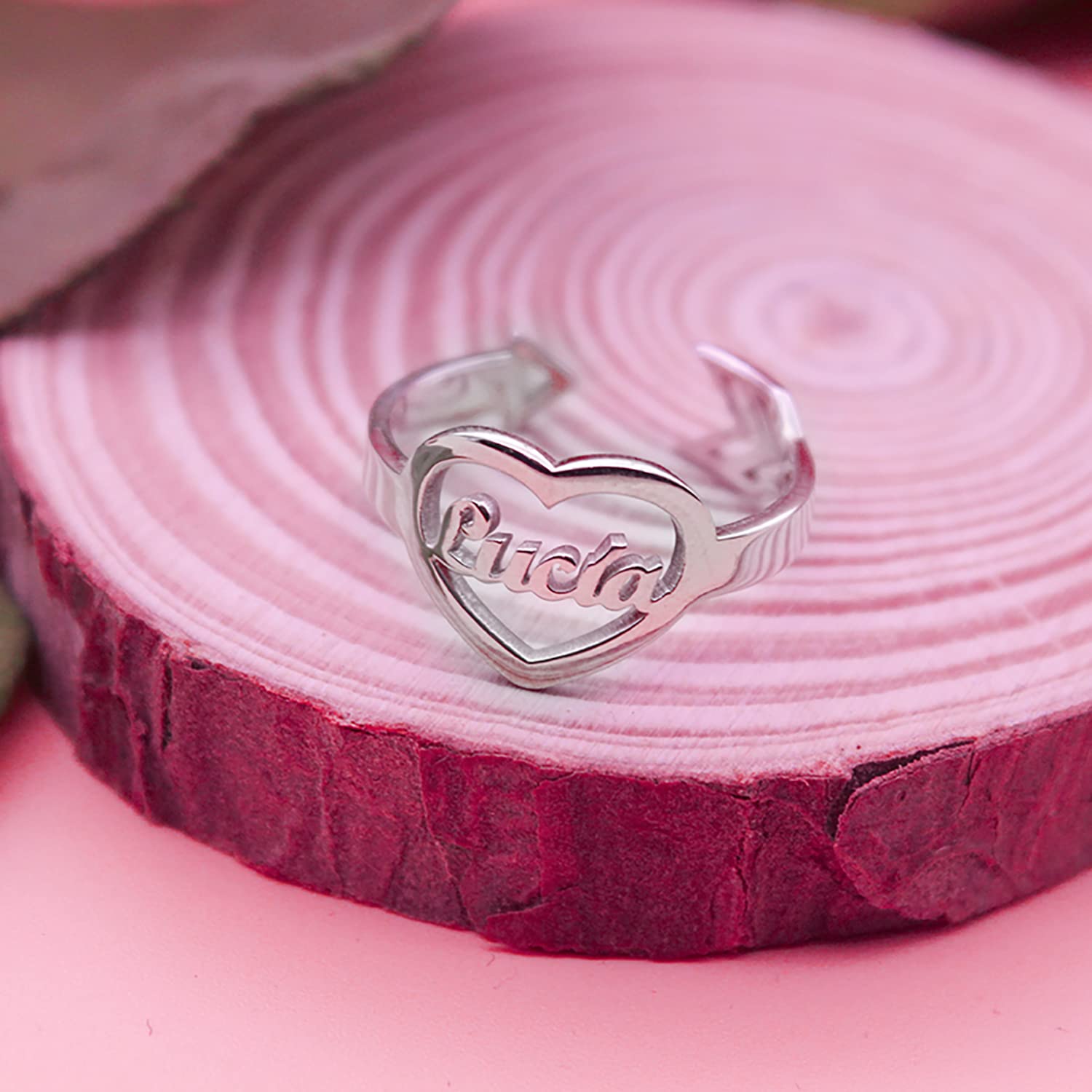 Anillo Corazón con Nombre Personalizado Plata de Ley Ajustable para Mujer - Regalo Original Enamorado Flecha Cupido