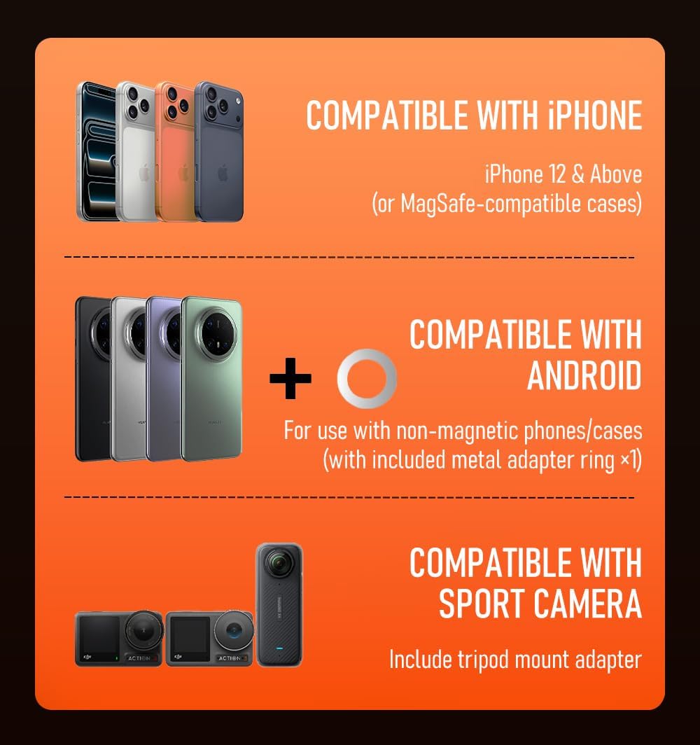 2 in 1 Magnetic Neck Phone Action Camera Switchable Holder, POV/Vlog Recording Hand Free Neck Mount, Anti-Shake Chest Strap, for iPhone Android Gopro Insta360 DJI Osmo