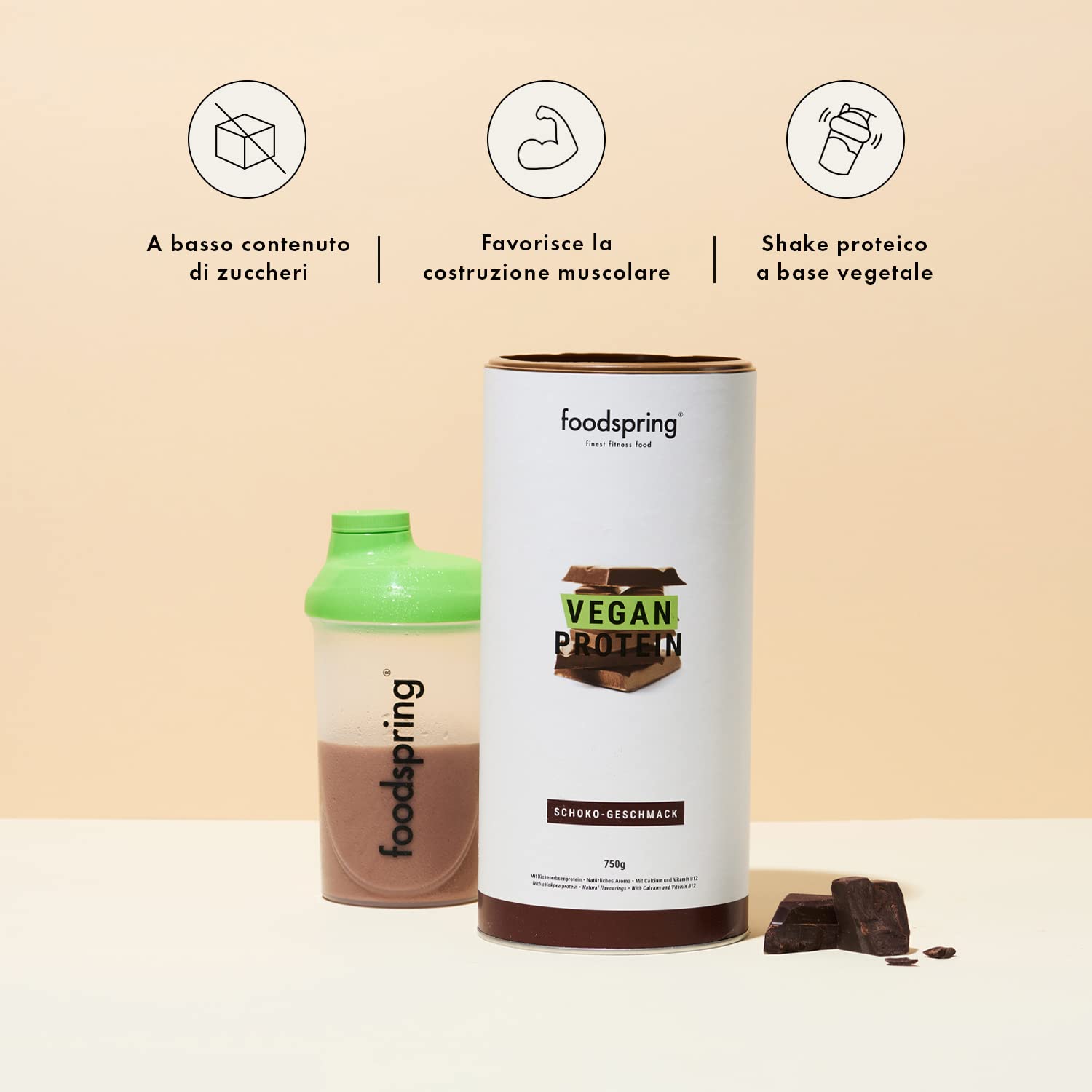 foodspring Proteine Vegane Cioccolato - 20g di proteine per shake, B12, B6, acido folico, biotina, calcio e zinco, senza soia e glutine - 750g