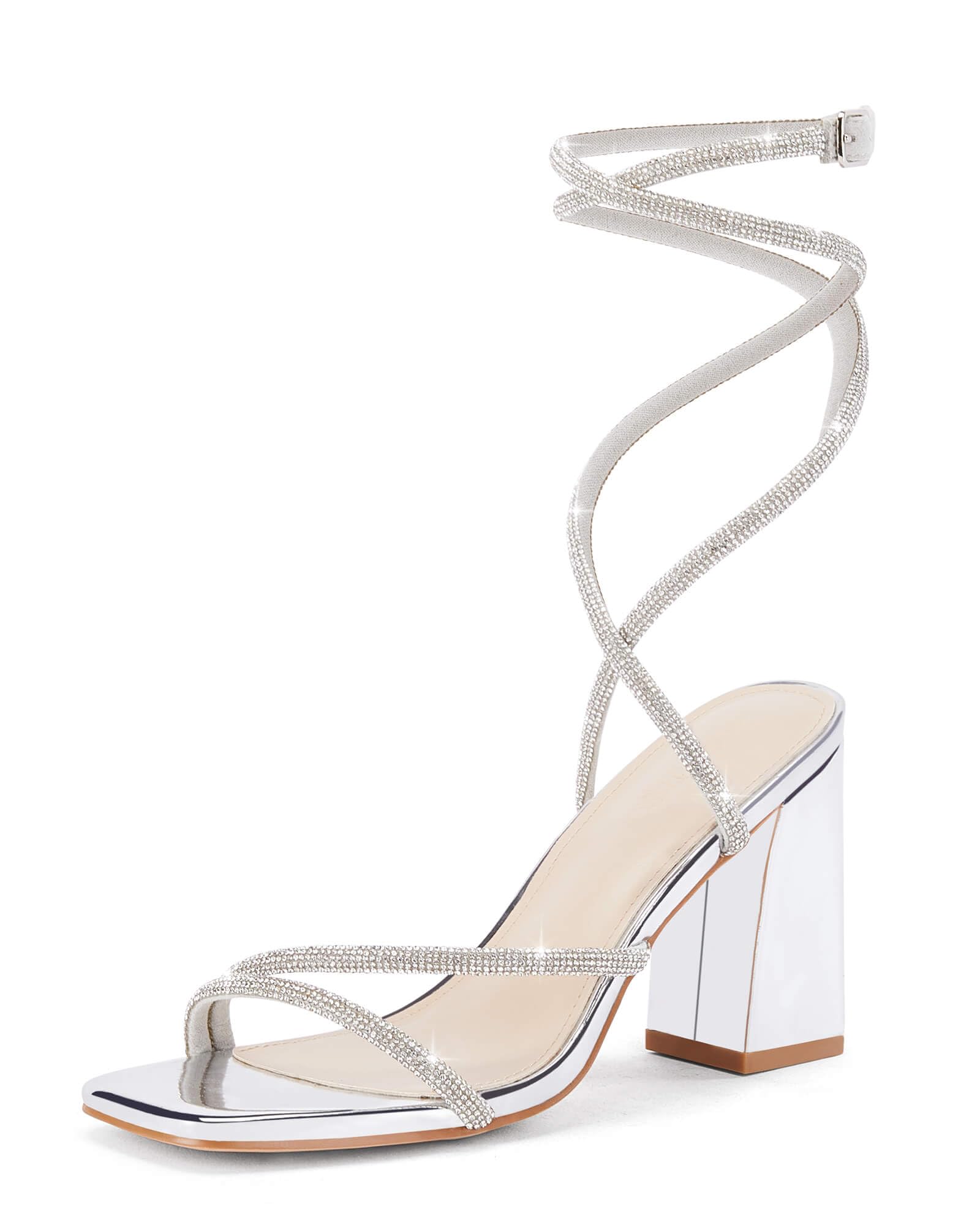 Coutgo Womens Lace Up Chunky Heels Rhinestone Sandals Square Open Toe High Block Heeled Wedding Dress Shoes