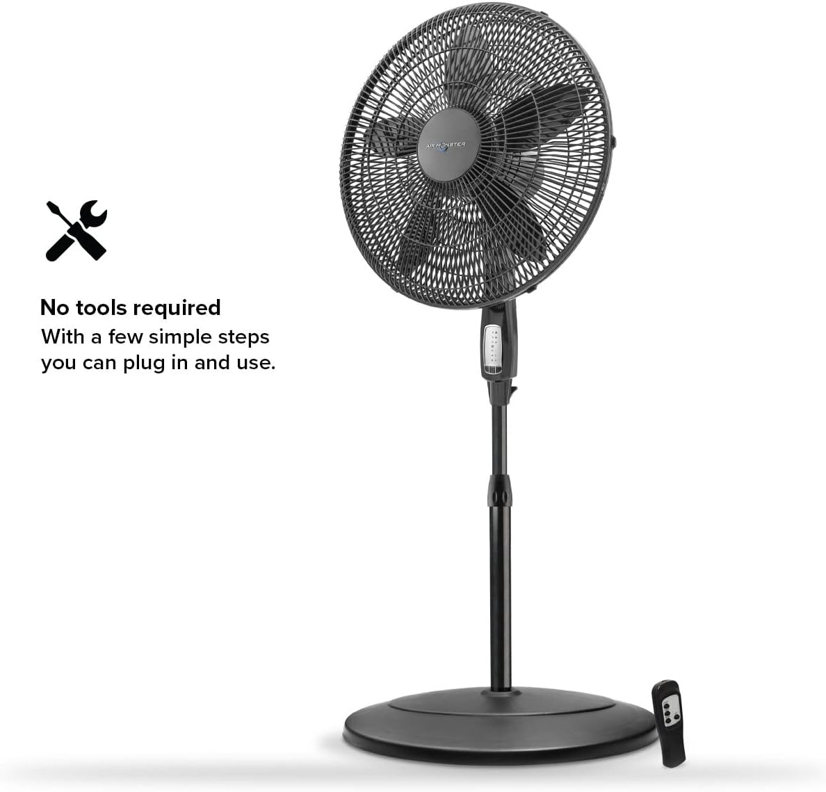 Air Monster 15732-R 18-Inch Diameter 3-Speed Adjustable Height Oscillating Pedestal Fan with Remote Control and 7.5 Hour Timer, Black