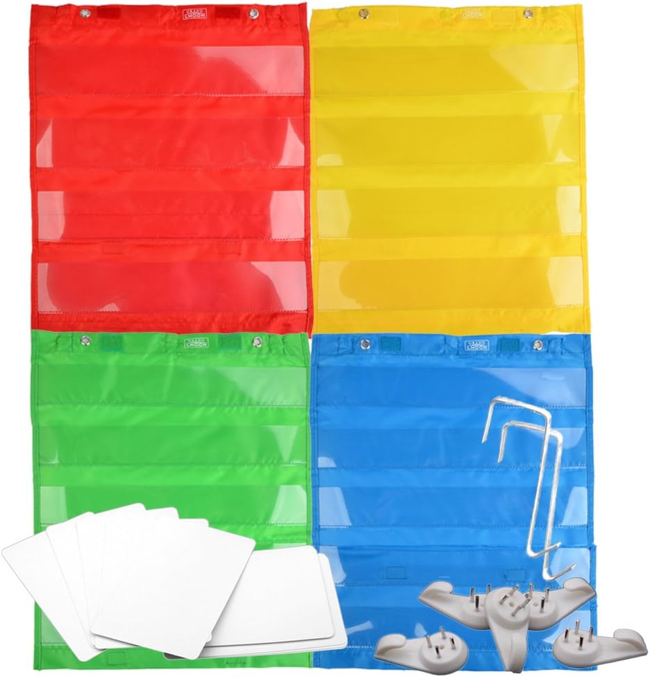 Magnetic Pocket Chart Squares for Classroom Teachers with 20 Dry Erase Flash Cards. 5 Hangers and 2 Hooks. (Red, Blue, Green, Yellow) 17" X 14" Each