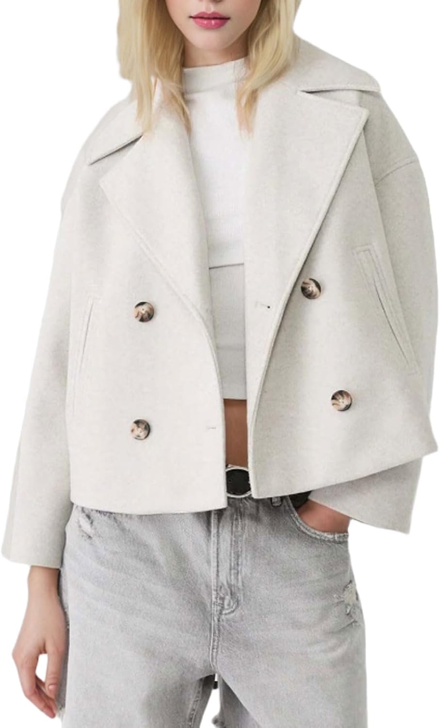 CHARTOU Women Cropped Wool Blend Coats Notch Lapel Double Breasted Pea Coat Jacket Short Trench Overcoat