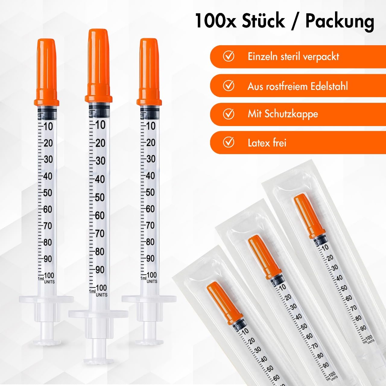 100 Stück 0,5ml U100 Plastiktube 30Gx5/16 (0,3 x 8mm) Mehrzweck-Messwerkzeuge, Einzeln verpackt