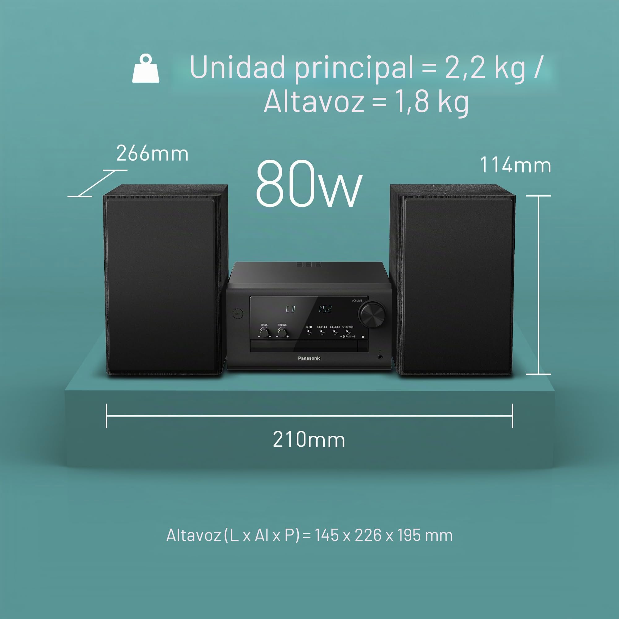 Panasonic SC-PM702EG-K Neat - Sistema estéreo Compacto de Alta fidelidad con CD, Radio Dab+/FM, USB y Bluetooth, Altavoces de 80 W, Control de Graves, Color Negro.