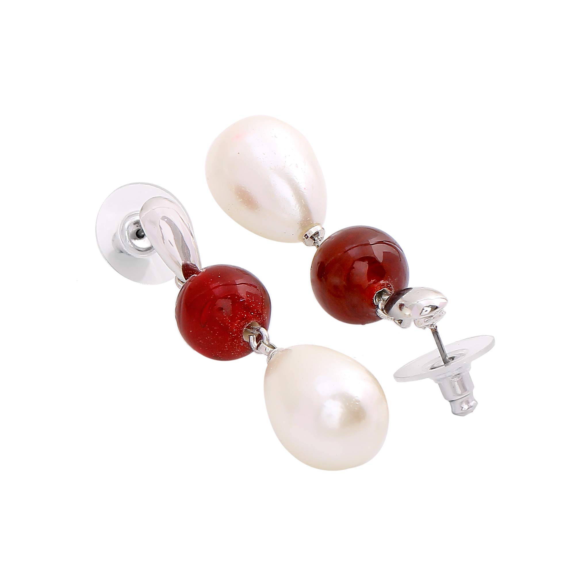 Rhodium Ruby Bead Pearl Drop Earrings