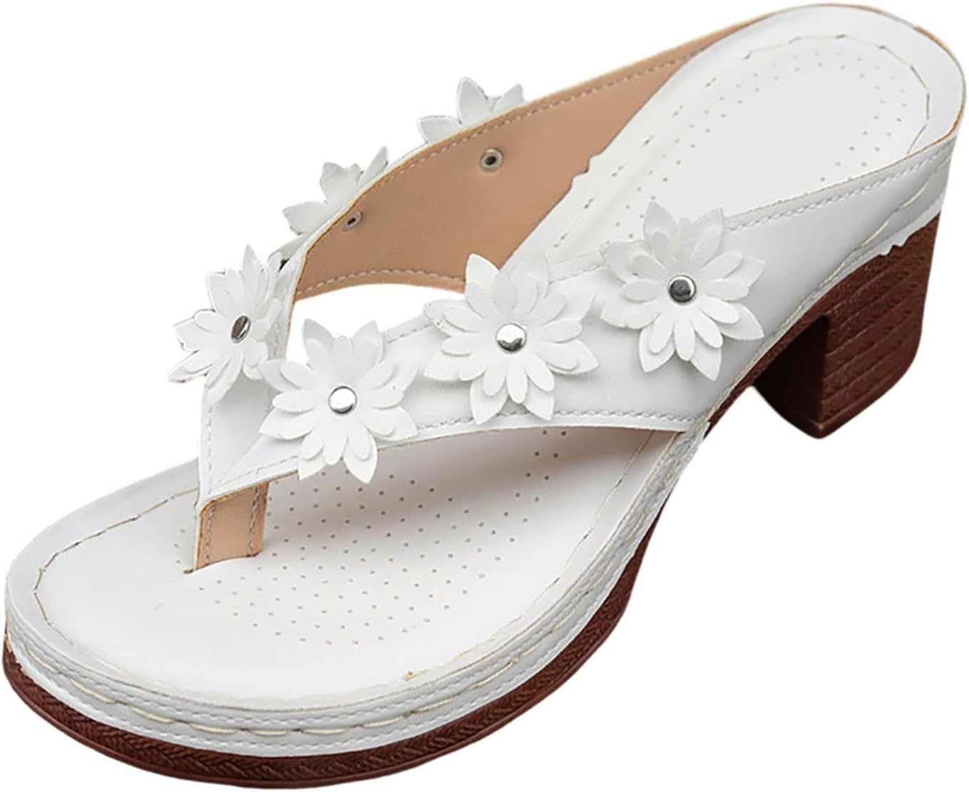 Chunky Heels Flip Flops for Women Summer Dressy Orthopedic Sandals with Arch Support Flower Low Block Heeled Flip Flops Casual Slip on Comfortable Beach Walking Slippers Shoes