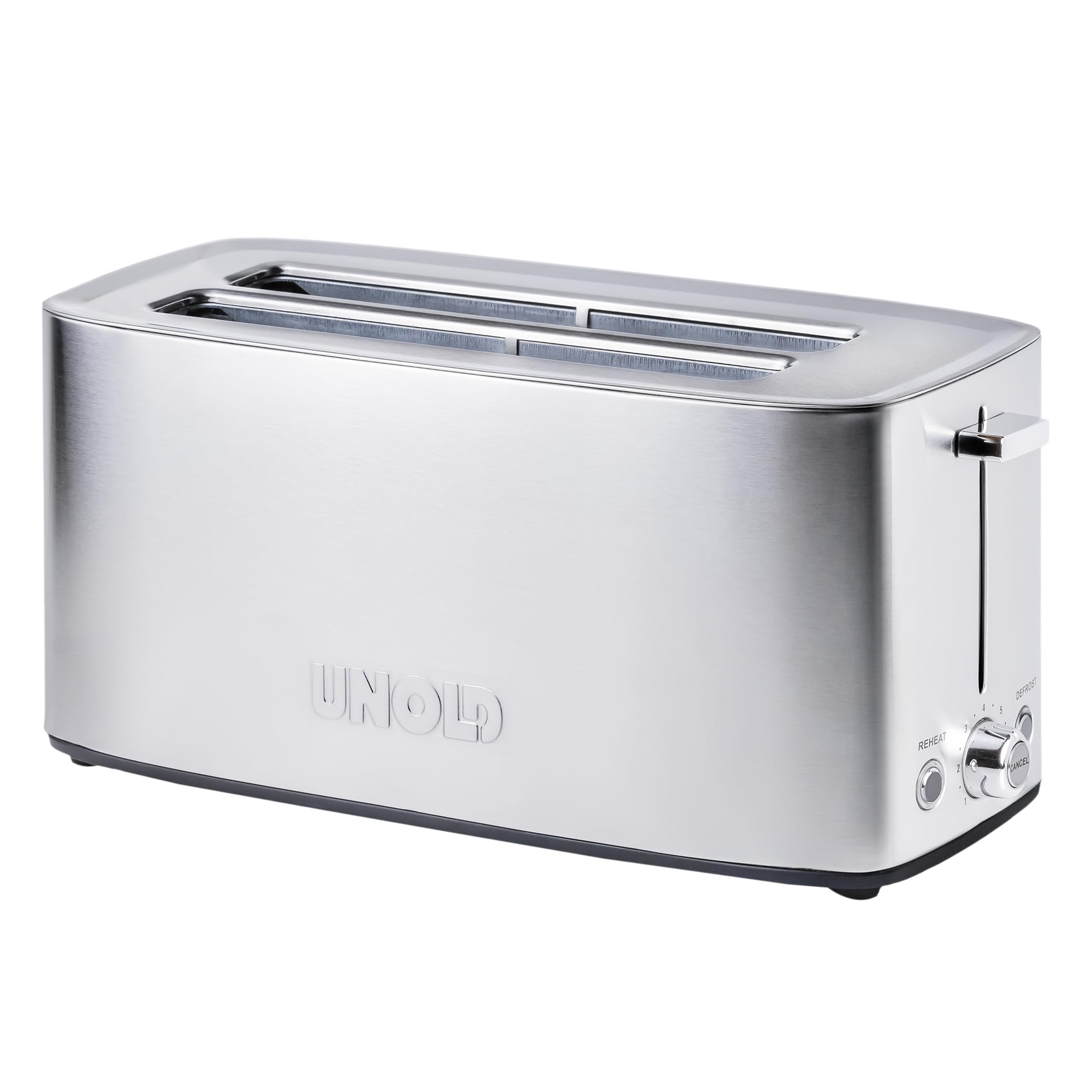 Unold 38266 Tostapane Tom - Tostapane a 4 fette 1400 W, corpo in acciaio inox termoisolato, anche per fette di toast XXL, con 4 funzioni: tostatura, riscaldamento, scongelamento e arresto