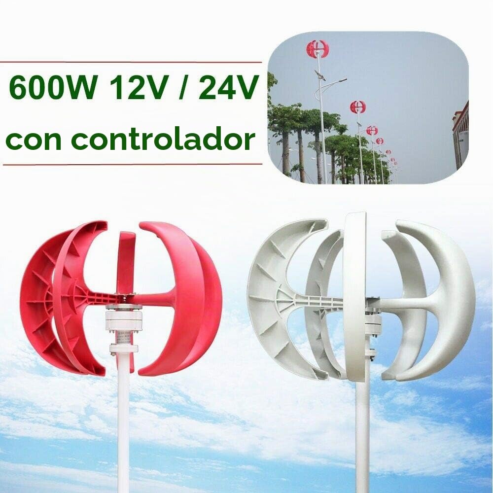 Generador de viento turbina 600 W aerogeneradores Lantern tipo 5 cuchillas 12/24 V (farol blanco 600 W 24 V)