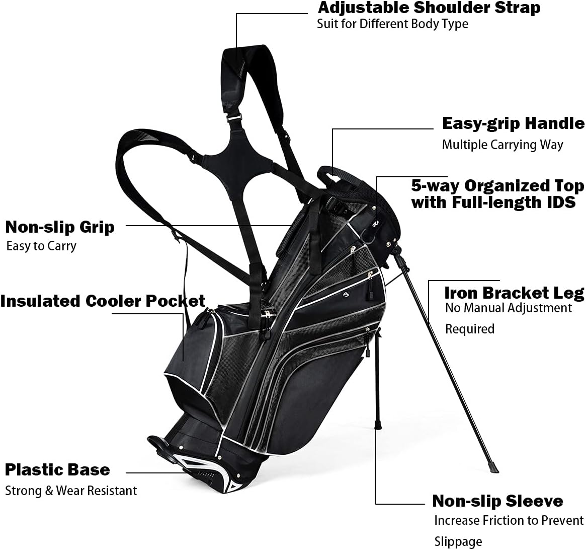 Golf Stand Bag, Golf Club Bag w/6 Large Way Top Dividers & 7 Pockets, Lightweight Golf Carry Bag w/Ergonomic Dual Straps & 2 Aluminium Pole, Lightweight Golf Bag for Men & Women
