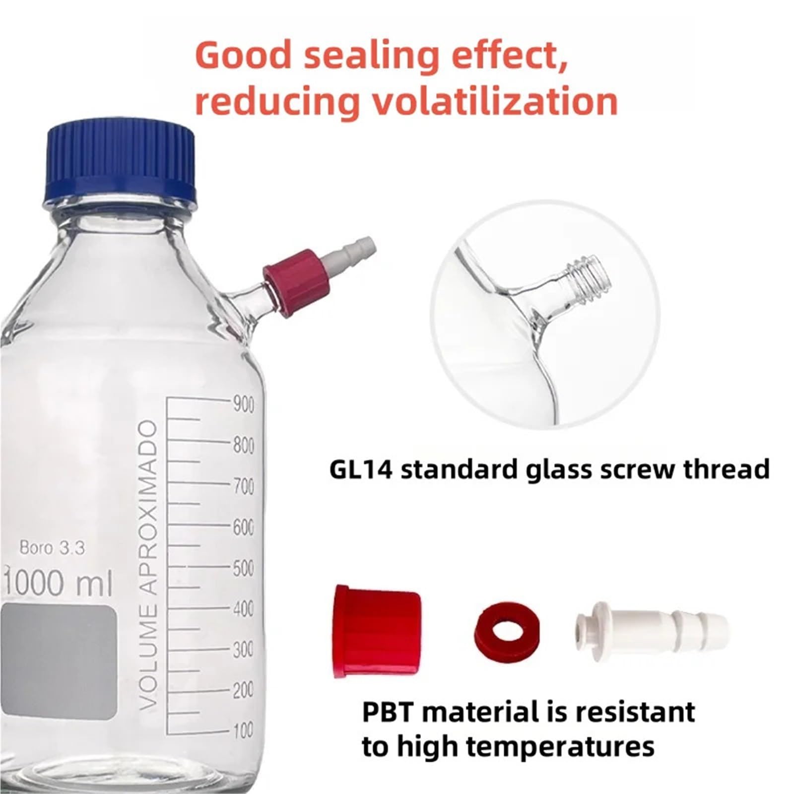 Frasco biológico de vidrio de borosilicato de alta calidad, 100-2000 ml, con tapón de rosca. for uso en laboratorio e industria. Incluye alimentación y muestreo. Material de vidrio Boro3.3.(2000ML)