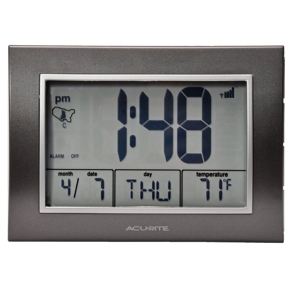 AcuRite Atomic Alarm Clock with Date Day of Week and Temperature Grey