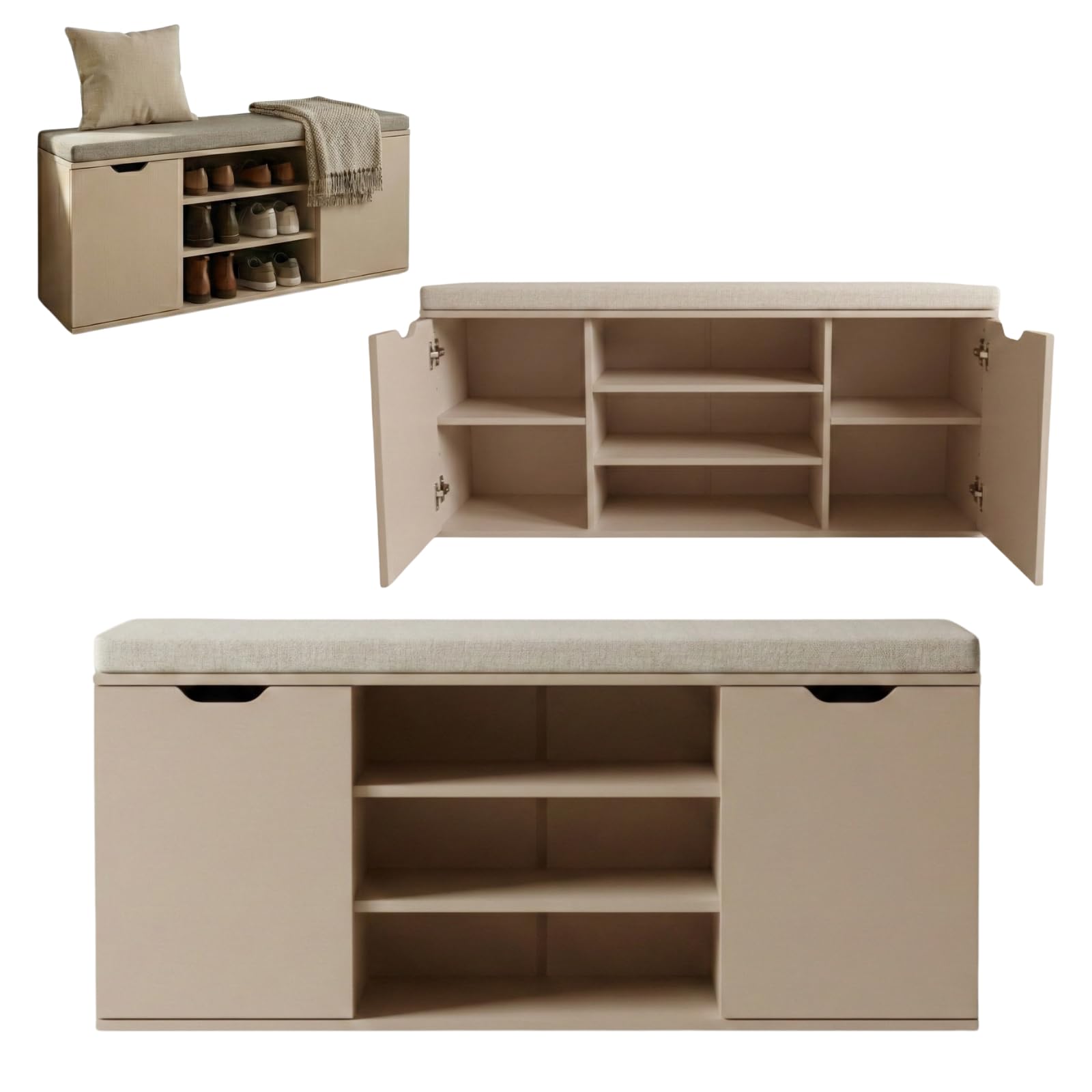 Schuhschrank mit Sitzbank 103 x 30 x 46 cm MDF Polyester Polsterung Flurbank Stauraum hellgrau