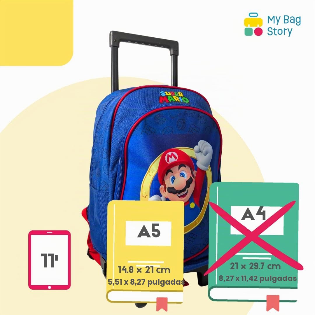 Mybagstory Super Mario - Mochila con ruedas - 47x27x16 cm - Bolsillo grande + delantero - Trolley escolar - Producto oficial Super Mario, Sonic - Azul | Bolsillo grande + bolsillo delantero, Trolley infantil de guardería y primaria y producto oficial Supe