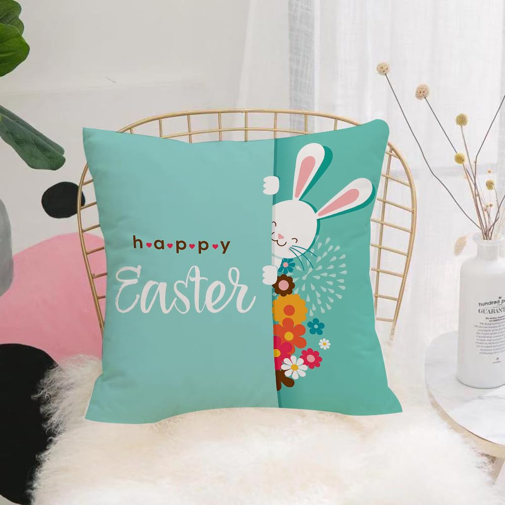HYOSXW Cushion Cover,Throw Pillow Case Home Decorative for Living Room Bedroom Sofa Chair 16X16 Inch,Colorful Happy Easter greeting card with rabbit bunny eggs and banners,Pillowcase 40X40cm
